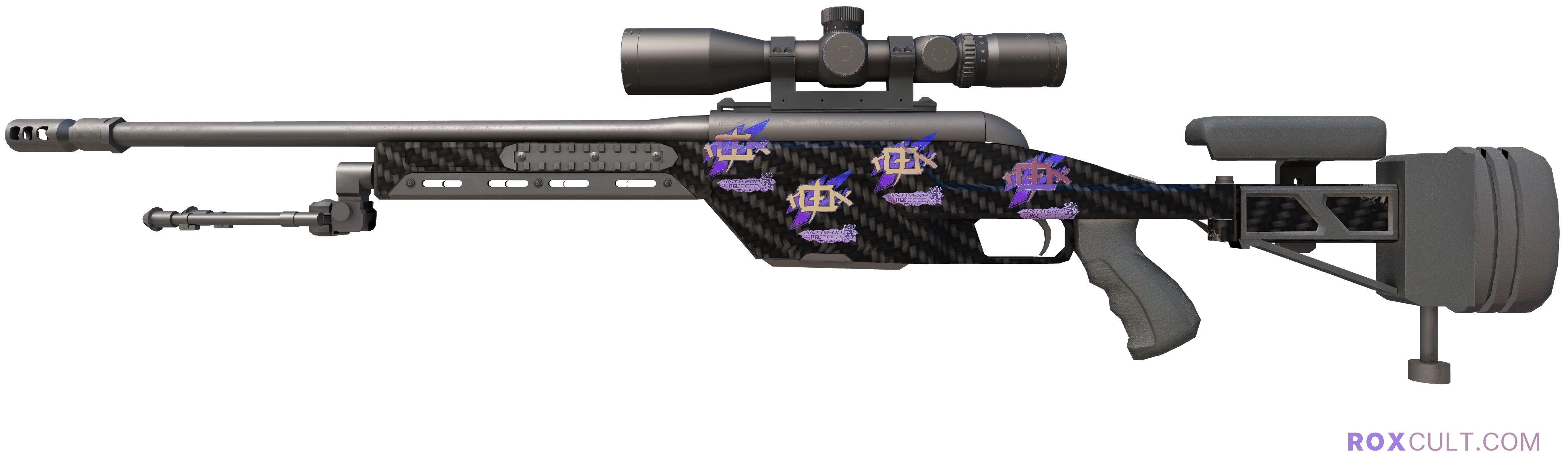 Souvenir SSG 08 | Carbon Fiber (Factory New) — rox (Holo) Antwerp 2022 craft, playside view with 4 rox (Holo) stickers