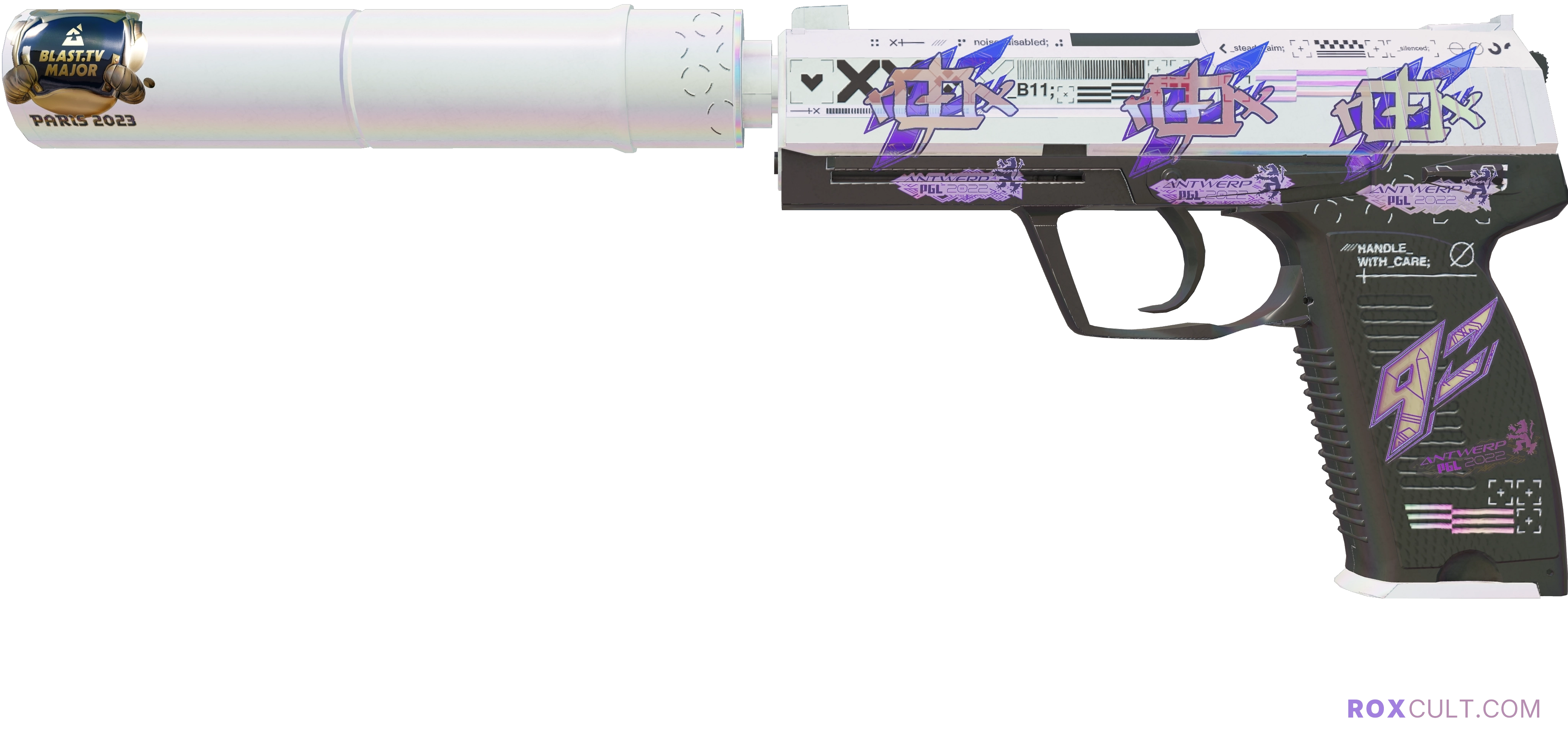 USP-S | Printstream (Minimal Wear) — rox (Holo) Antwerp 2022 craft, playside view with 3 rox (Holo) stickers