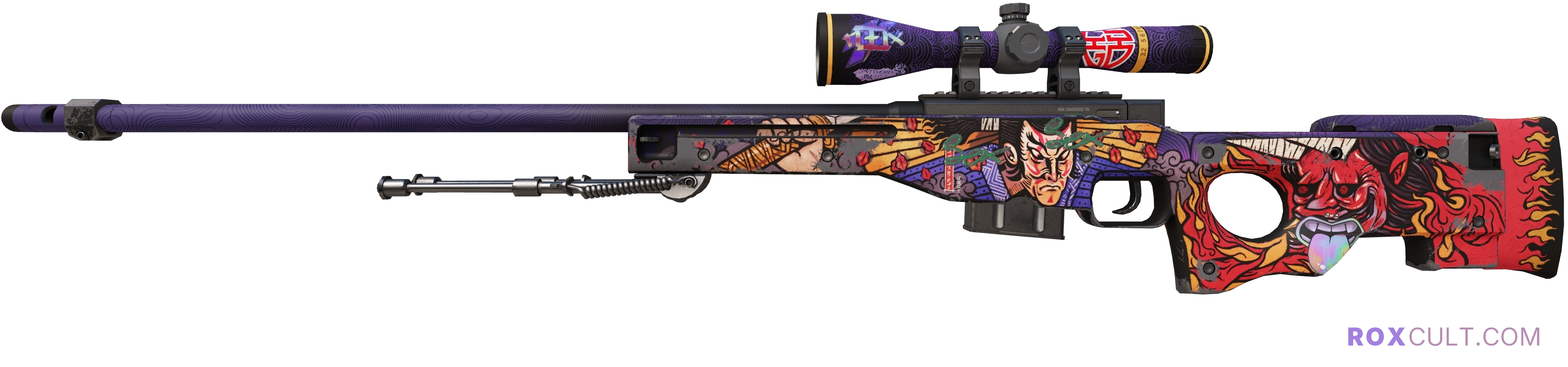 AWP | Oni Taiji (Field-Tested) — rox (Holo) Antwerp 2022 craft, playside view with 1 rox (Holo) sticker