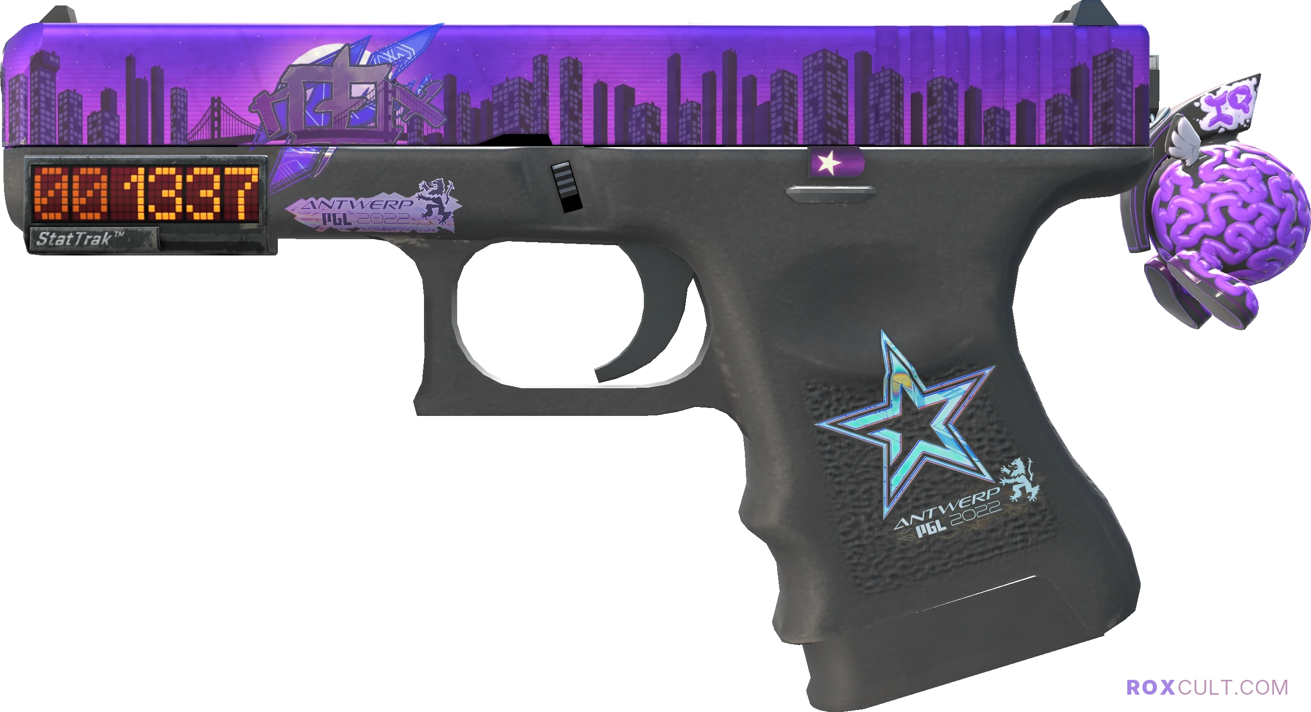 StatTrak™ Glock-18 | Moonrise (Factory New) — rox (Holo) Antwerp 2022 craft, playside view with 1 rox (Holo) sticker