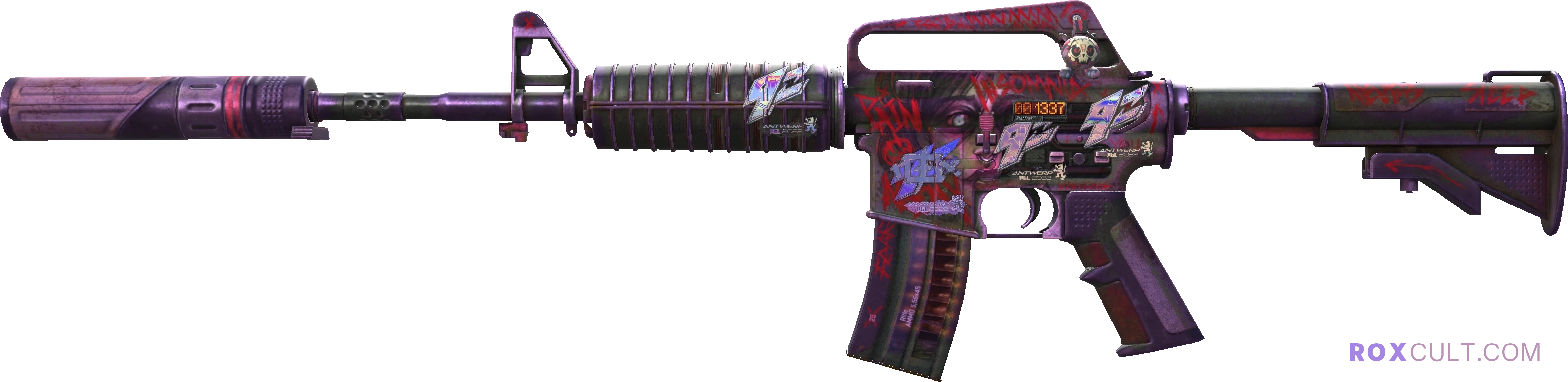 StatTrak™ M4A1-S | Night Terror (Battle-Scarred) — rox (Holo) Antwerp 2022 craft, playside view with 1 rox (Holo) sticker