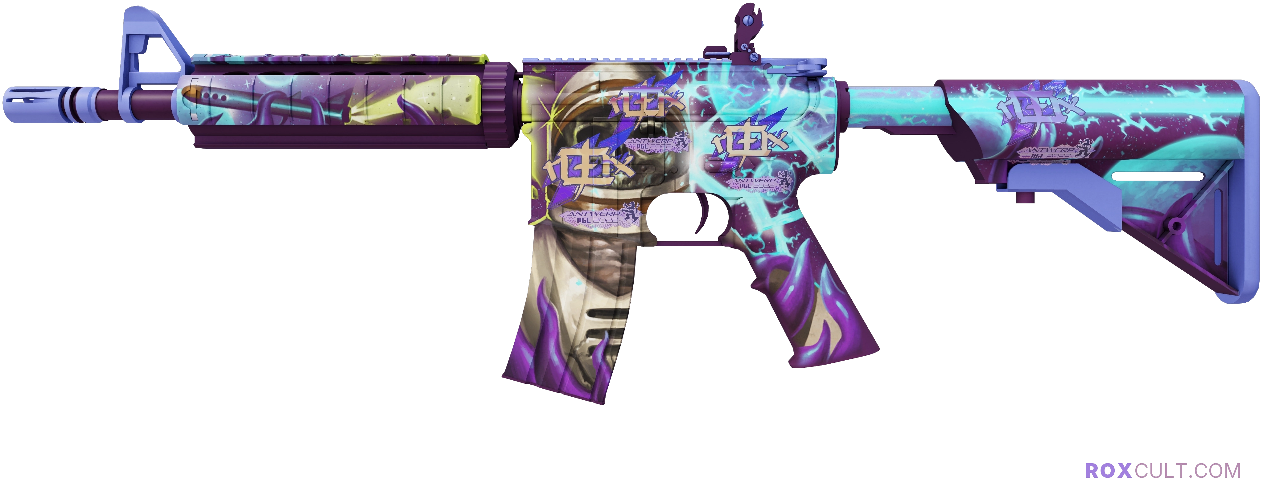 M4A4 | Desolate Space (Factory New) — rox (Holo) Antwerp 2022 craft, playside view with 4 rox (Holo) stickers