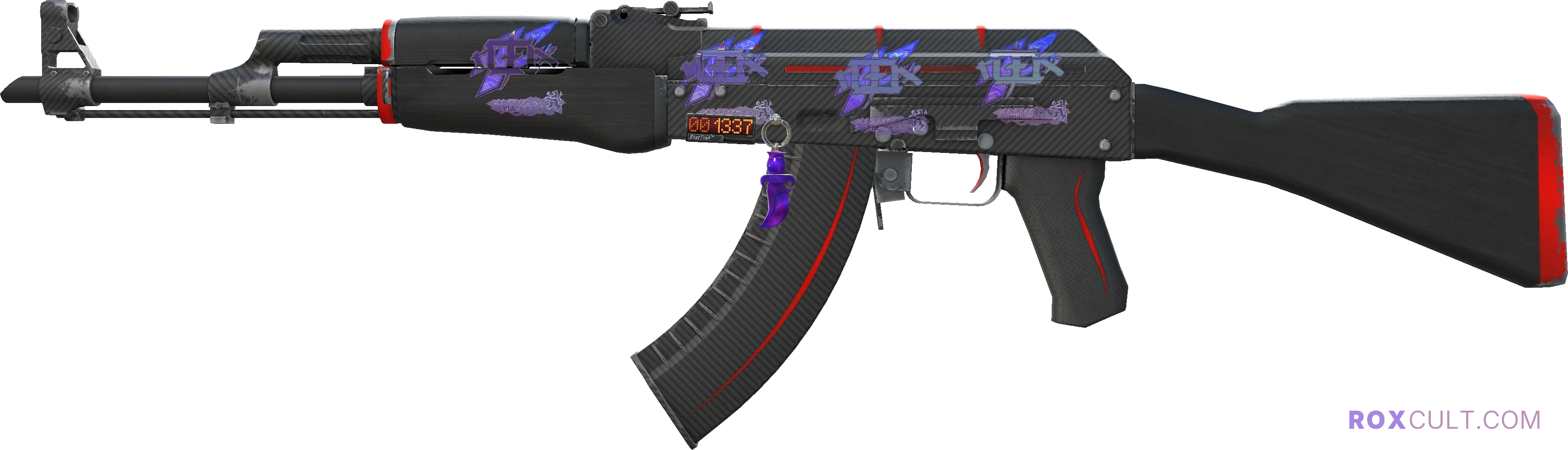 StatTrak™ AK-47 | Redline (Minimal Wear) — rox (Holo) Antwerp 2022 craft, playside view with 4 rox (Holo) stickers