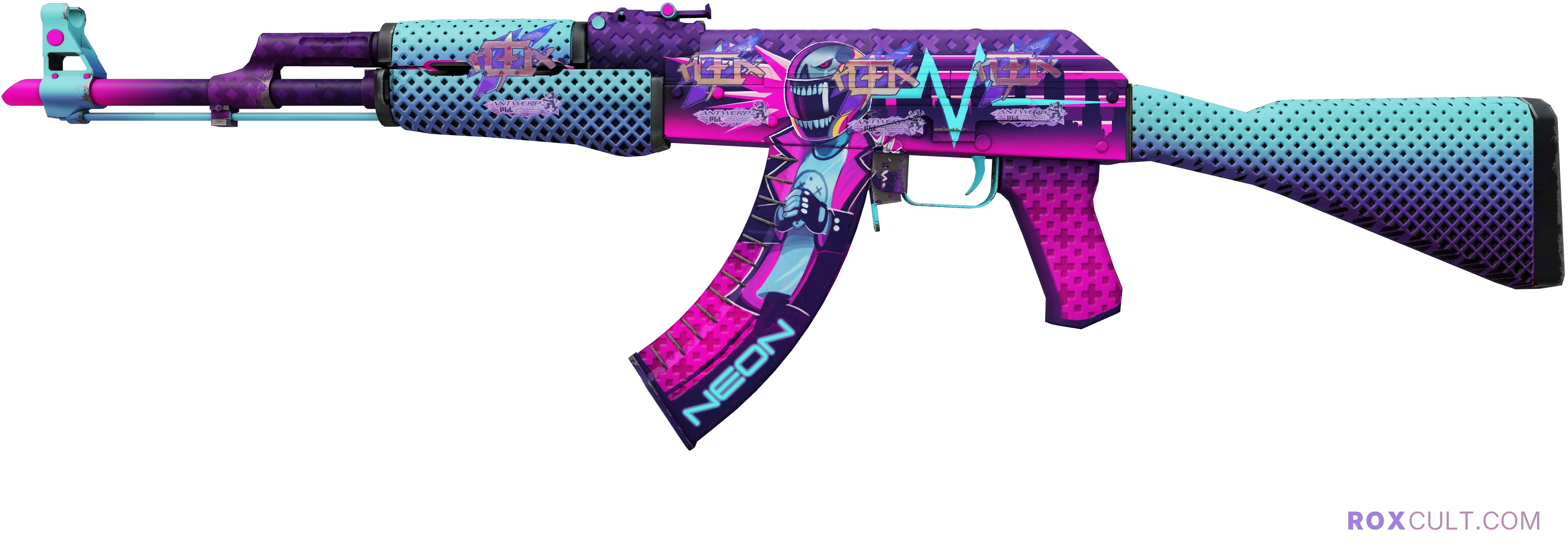 AK-47 | Neon Rider (Factory New) — rox (Holo) Antwerp 2022 craft, playside view with 4 rox (Holo) stickers
