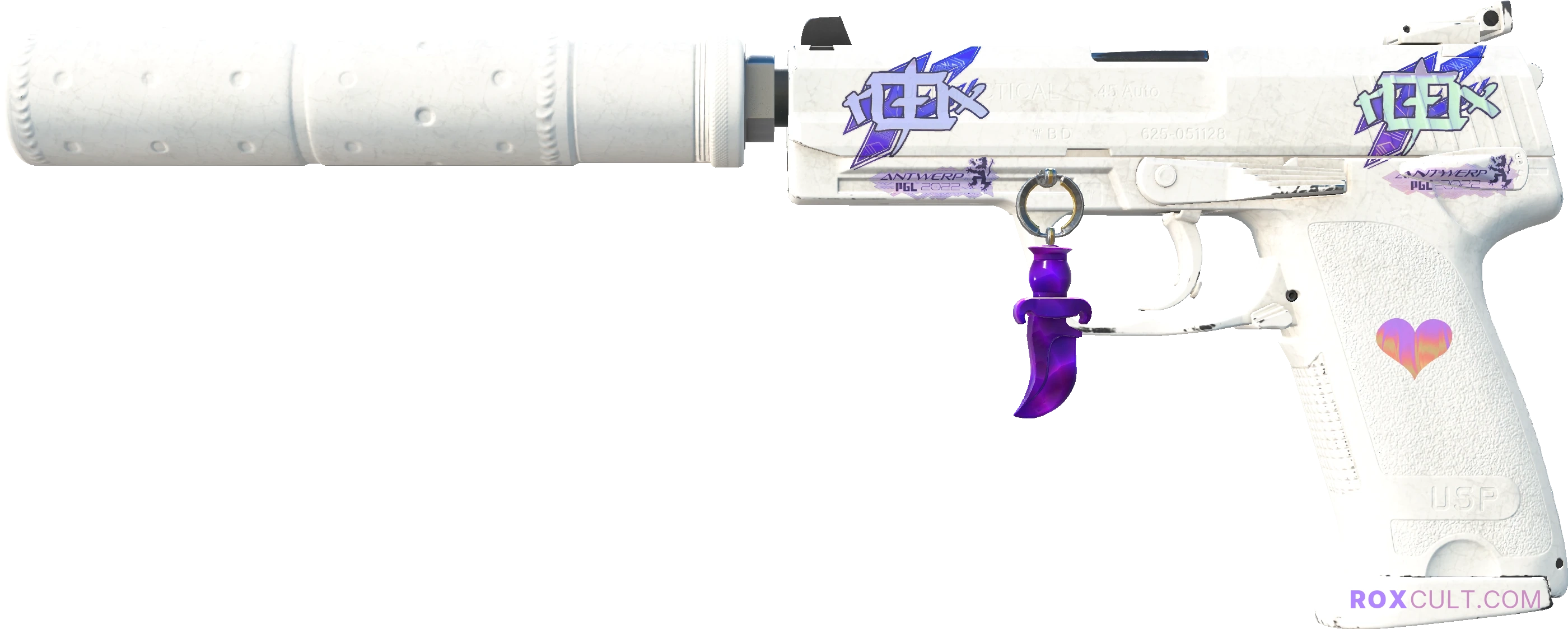 USP-S | Whiteout (Minimal Wear) — rox (Holo) Antwerp 2022 craft, playside view with 2 rox (Holo) stickers
