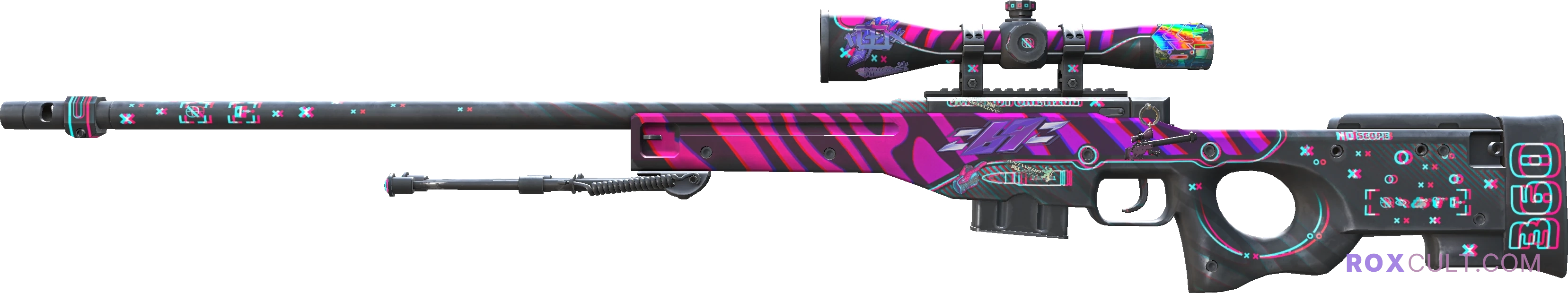 AWP | Chromatic Aberration (Factory New) — rox (Holo) Antwerp 2022 craft, playside view with 1 rox (Holo) sticker