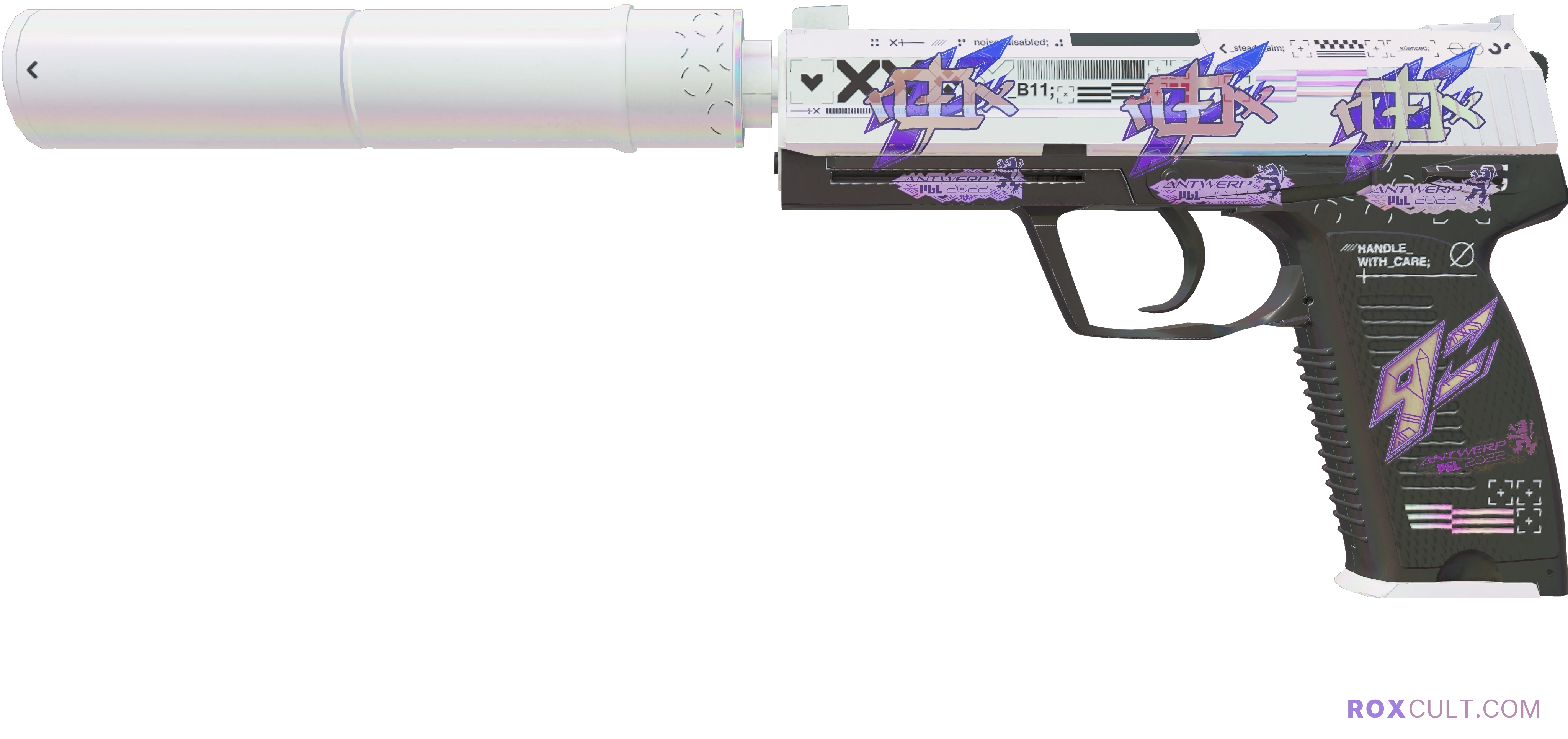 USP-S | Printstream (Factory New) — rox (Holo) Antwerp 2022 craft, playside view with 3 rox (Holo) stickers
