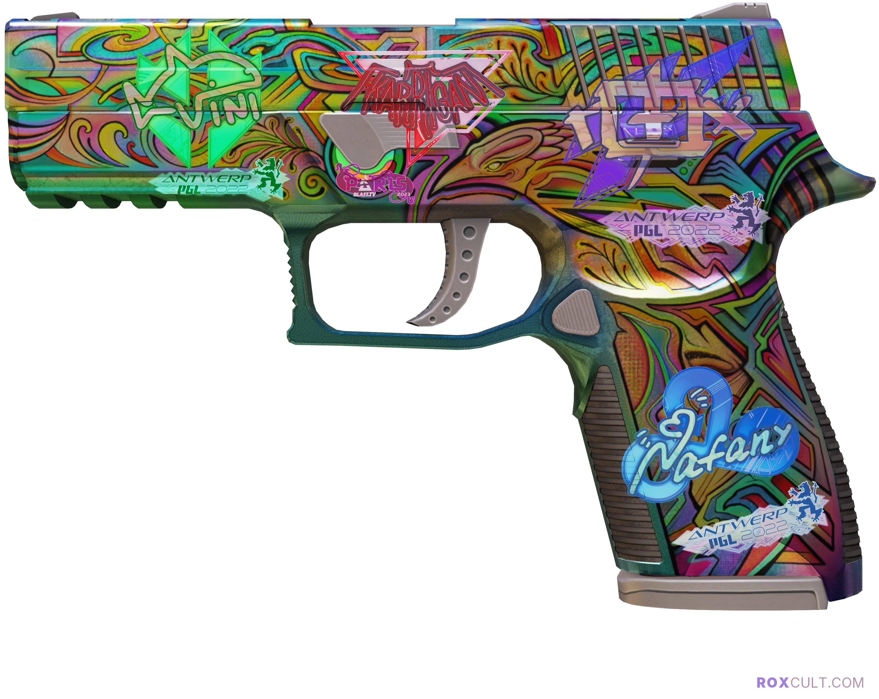 P250 | Visions (Minimal Wear) — rox (Holo) Antwerp 2022 craft, playside view with 1 rox (Holo) sticker