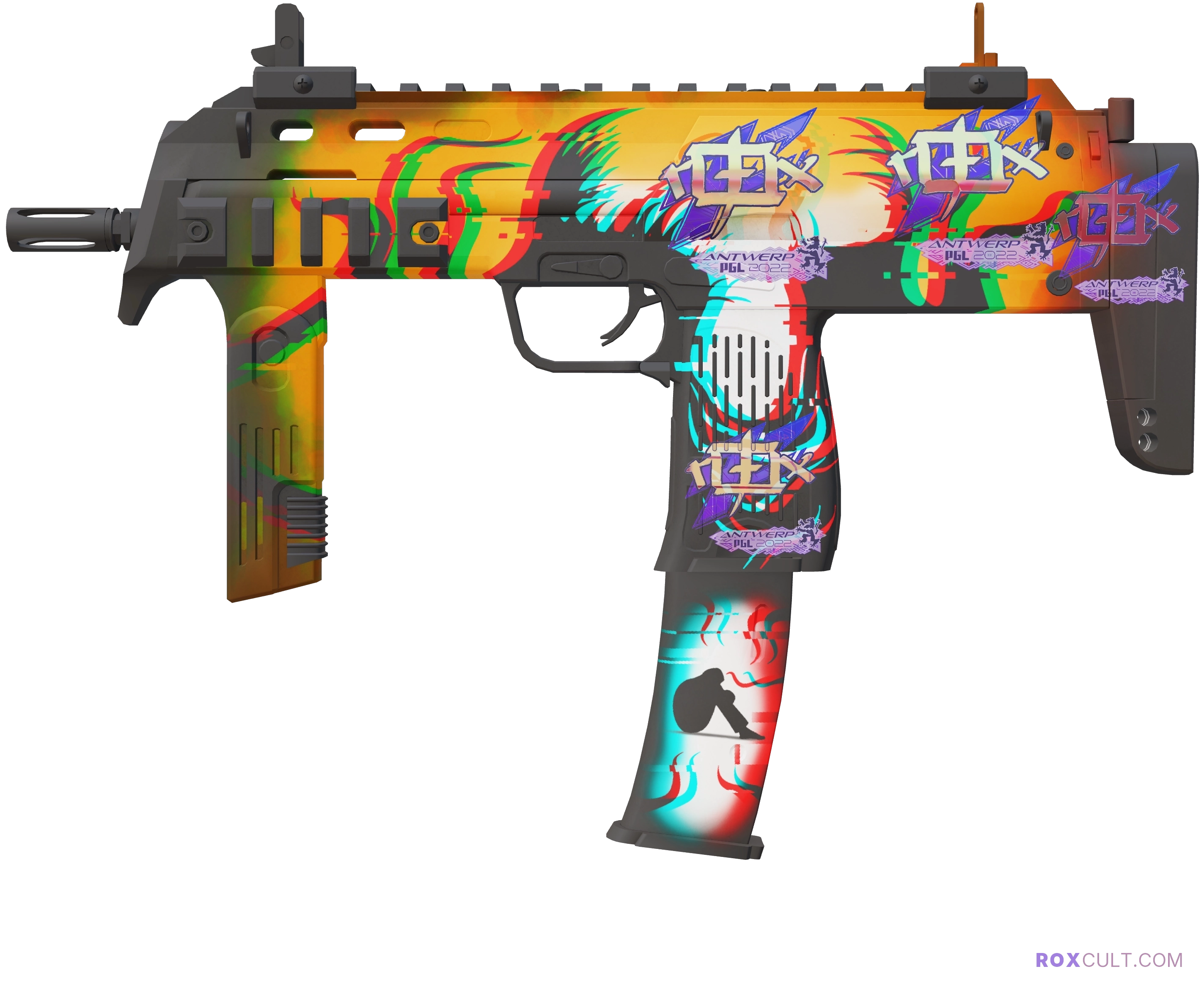 MP7 | Abyssal Apparition (Factory New) — rox (Holo) Antwerp 2022 craft, playside view with 4 rox (Holo) stickers