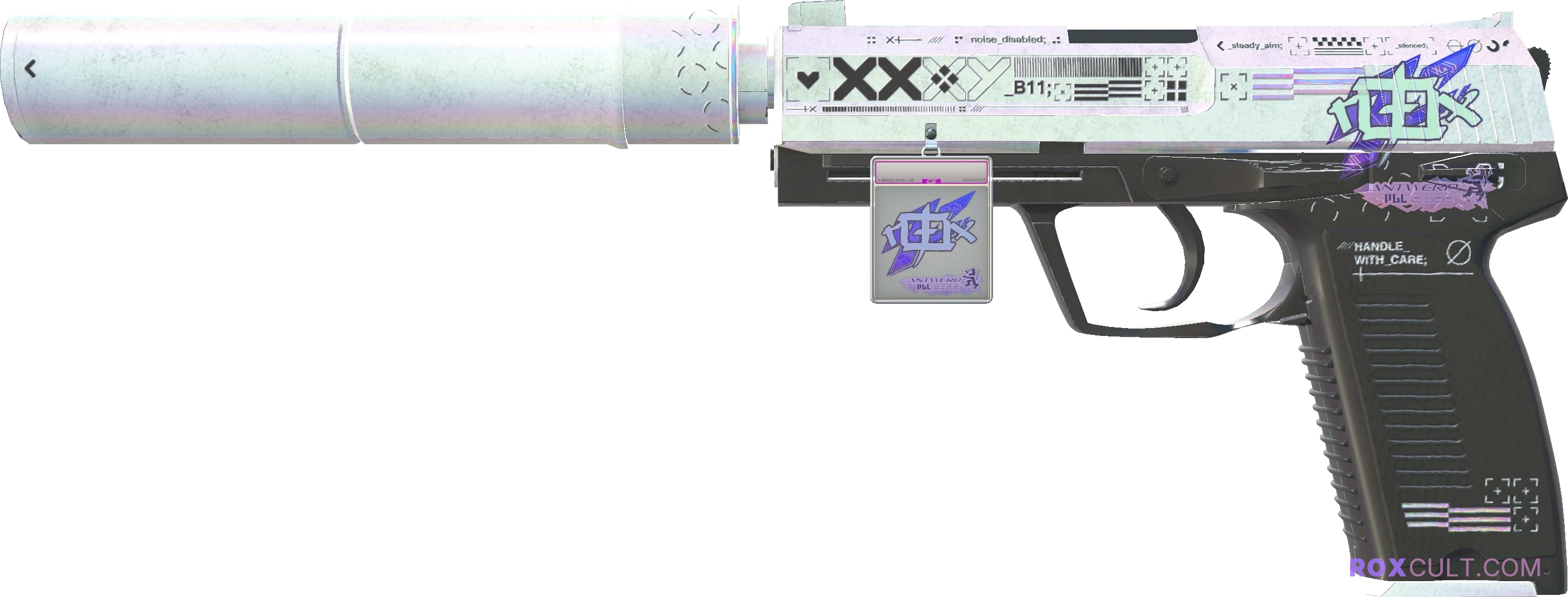 USP-S | Printstream (Field-Tested) — rox (Holo) Antwerp 2022 craft, playside view with 1 rox (Holo) sticker