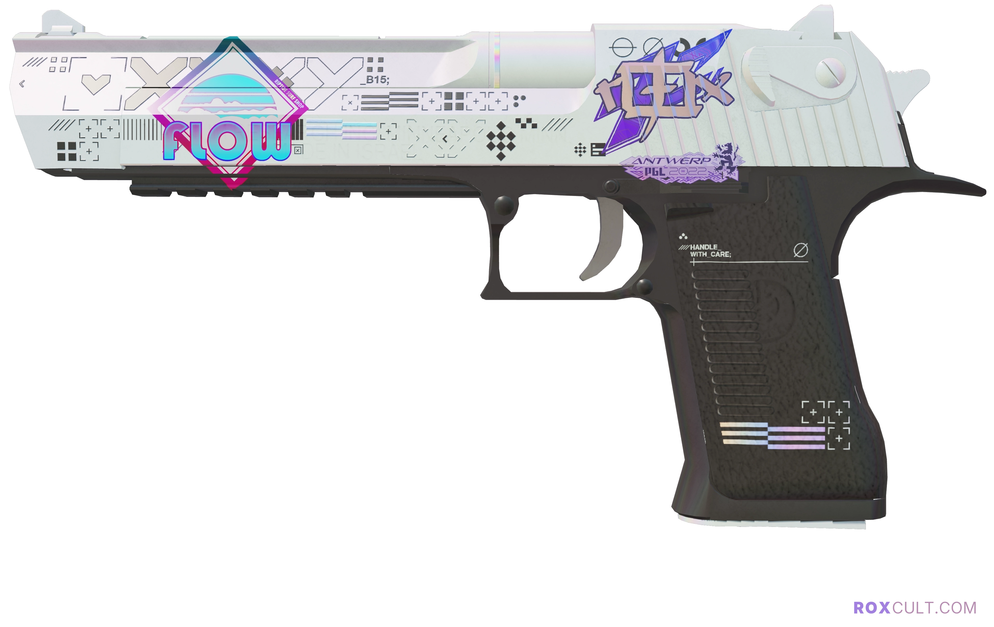 Desert Eagle | Printstream (Minimal Wear) — rox (Holo) Antwerp 2022 craft, playside view with 1 rox (Holo) sticker