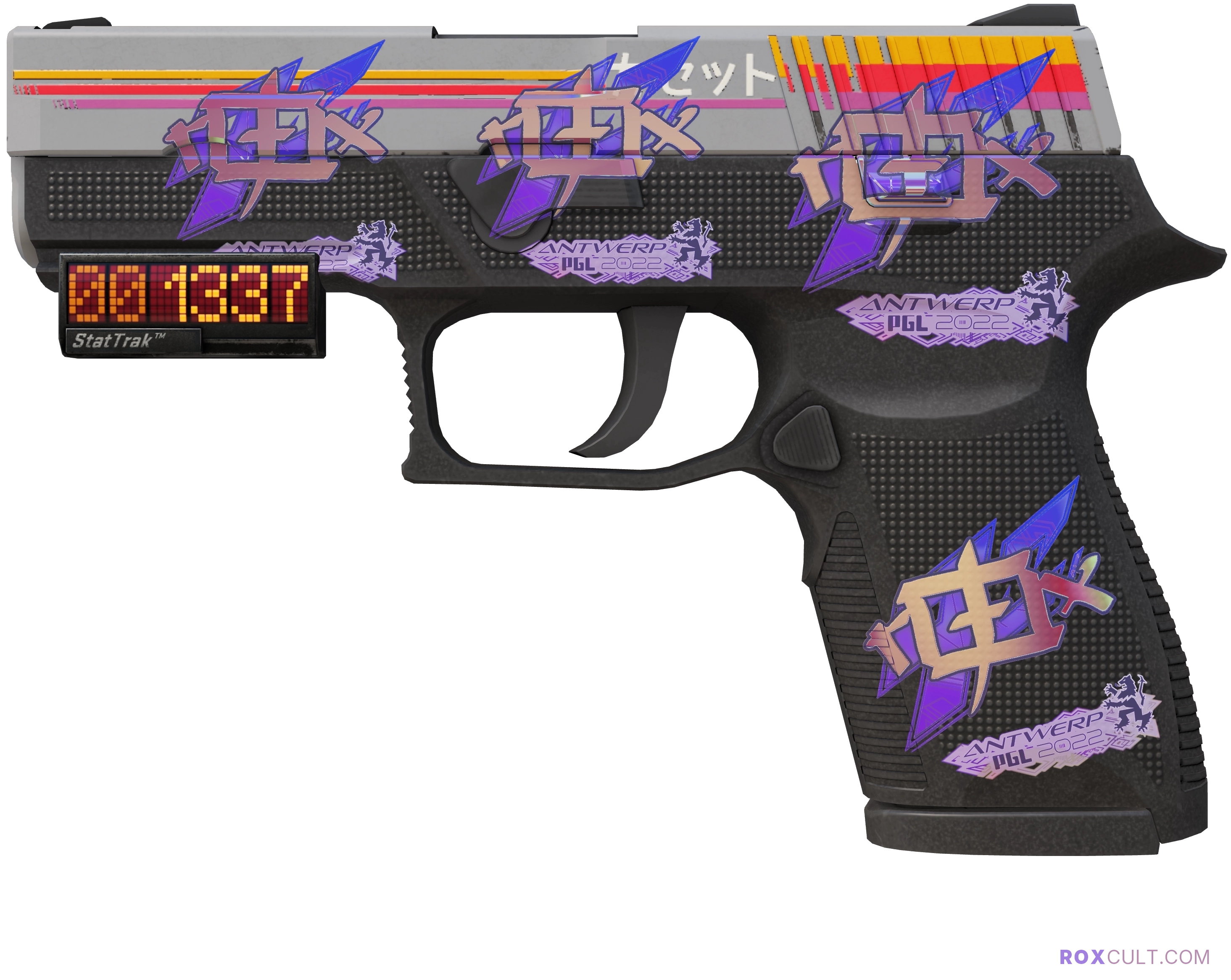 StatTrak™ P250 | Cassette (Factory New) — rox (Holo) Antwerp 2022 craft, playside view with 4 rox (Holo) stickers