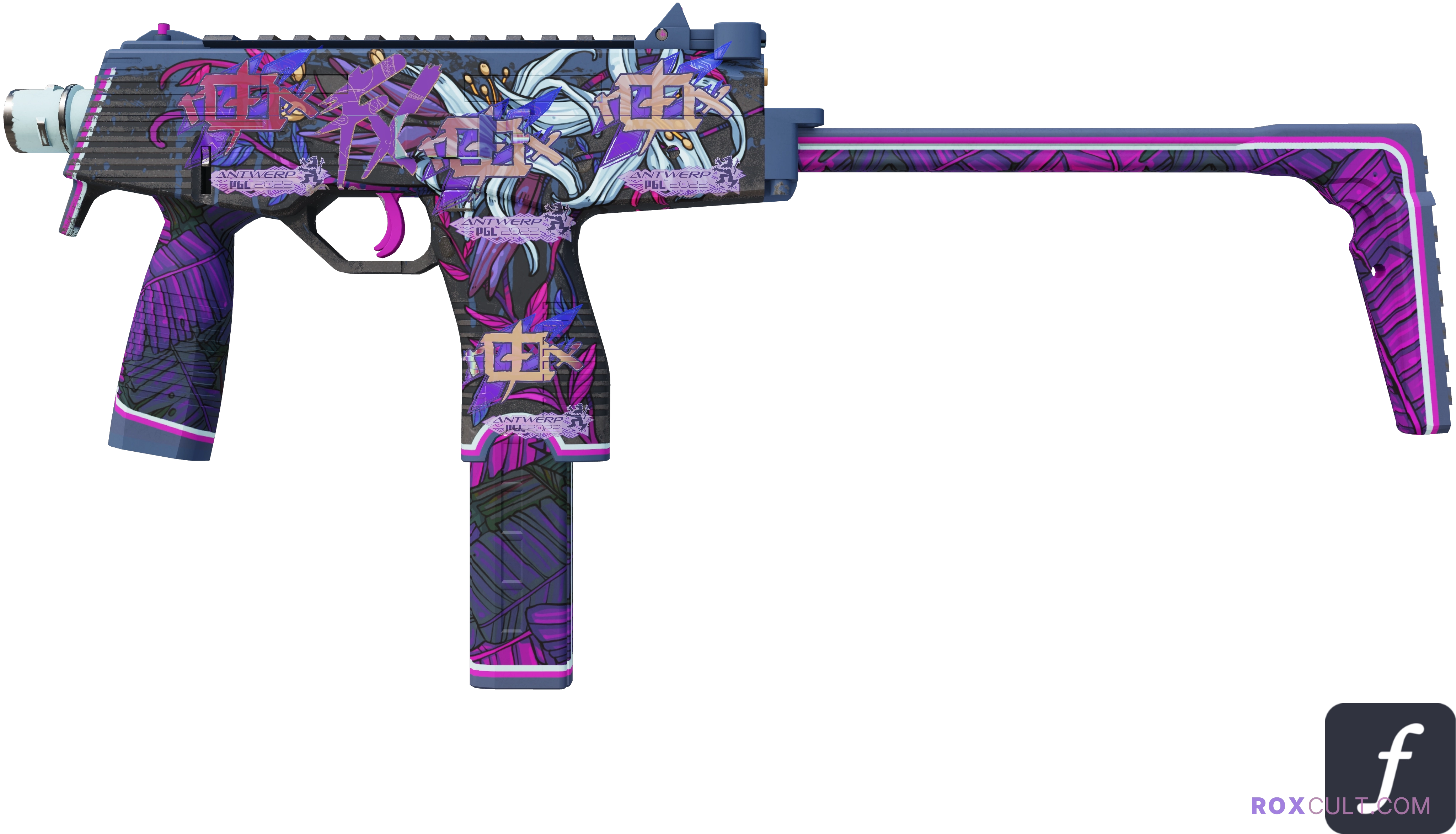 MP9 | Wild Lily (Factory New) — rox (Holo) Antwerp 2022 craft, playside view with 4 rox (Holo) stickers