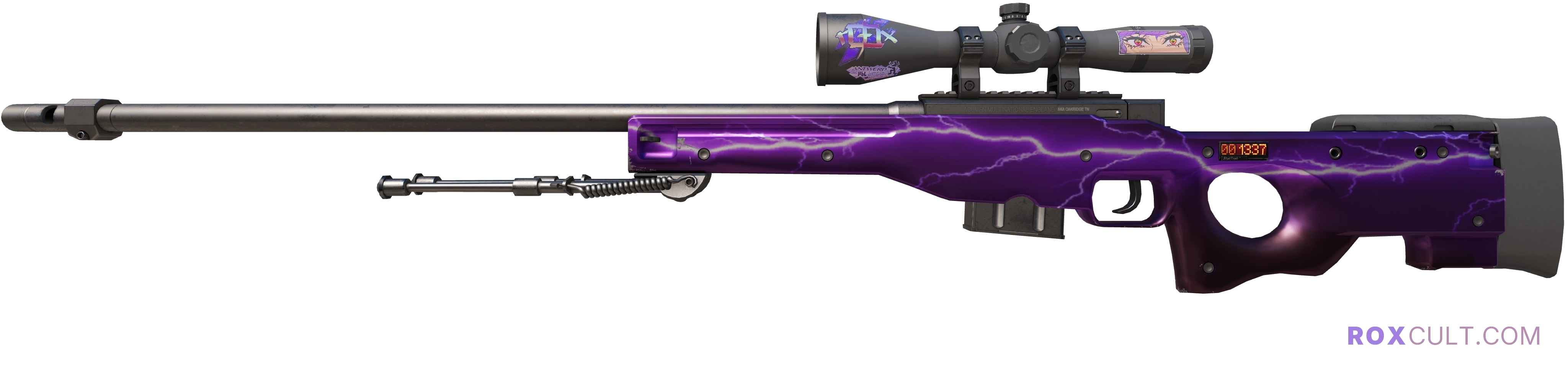 StatTrak™ AWP | Lightning Strike (Factory New) — rox (Holo) Antwerp 2022 craft, playside view with 1 rox (Holo) sticker