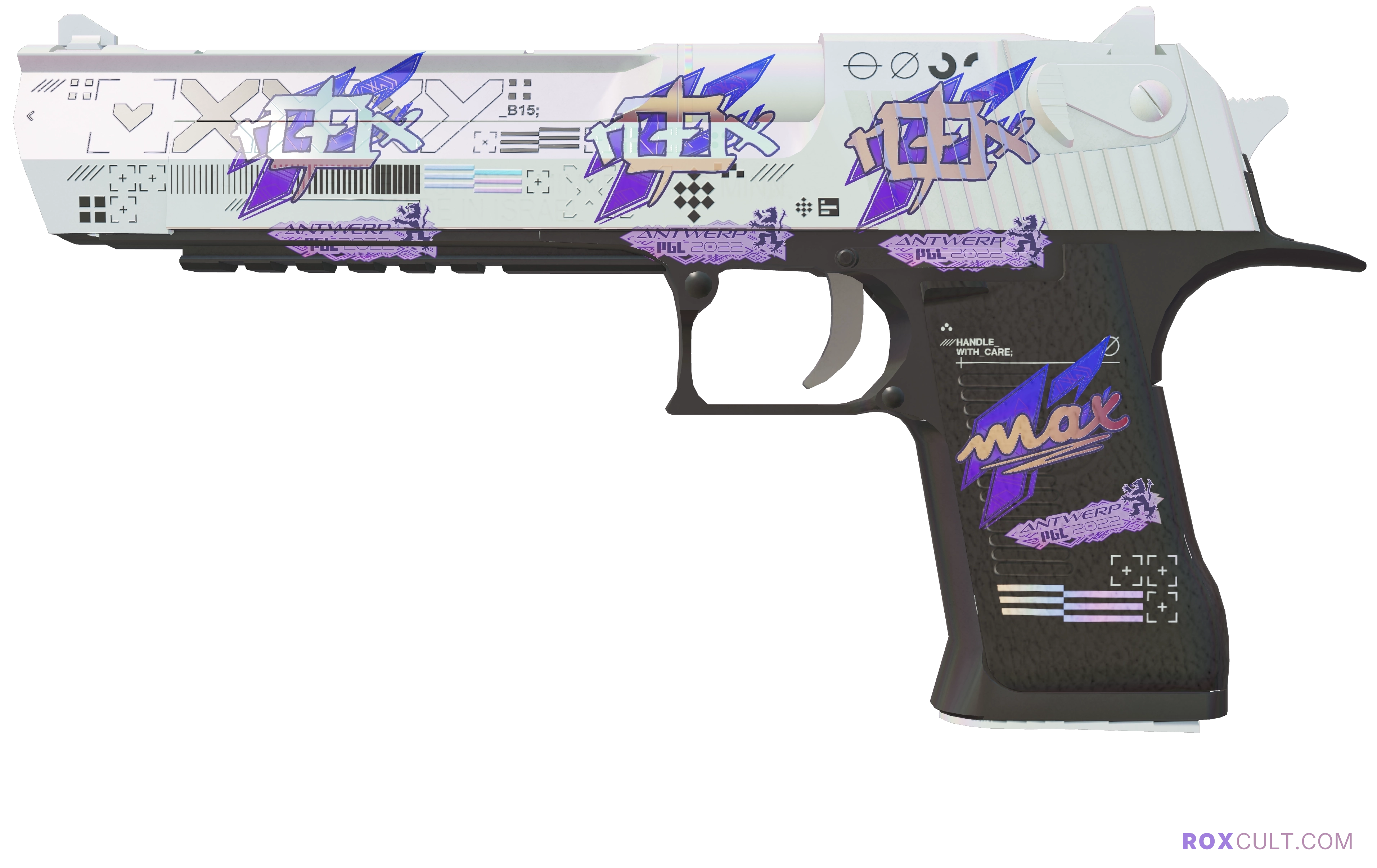 Desert Eagle | Printstream (Factory New) — rox (Holo) Antwerp 2022 craft, playside view with 3 rox (Holo) stickers