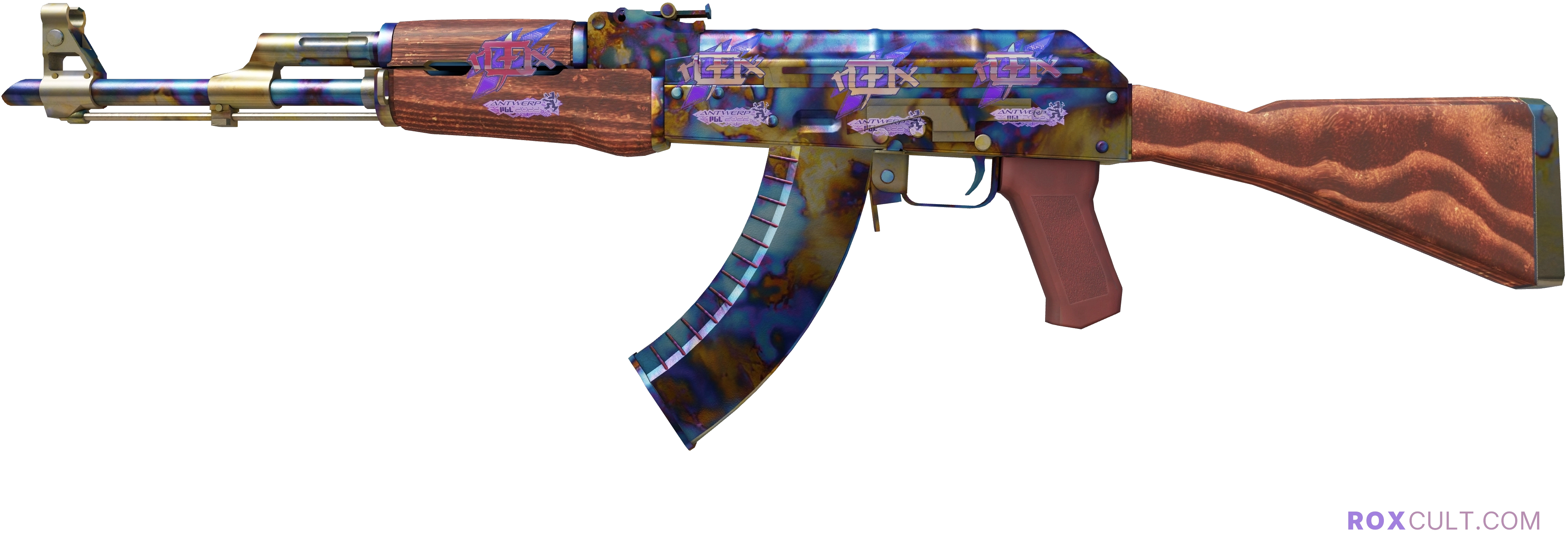 AK-47 | Case Hardened (Minimal Wear) — rox (Holo) Antwerp 2022 craft, playside view with 4 rox (Holo) stickers