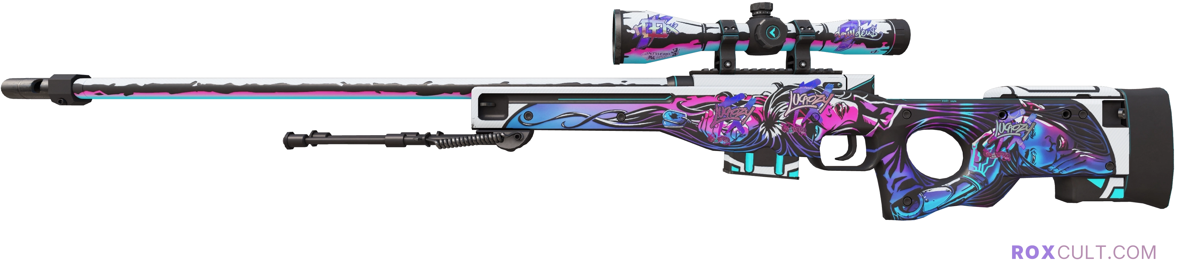 AWP | Neo-Noir (Factory New) — rox (Holo) Antwerp 2022 craft, playside view with 1 rox (Holo) sticker