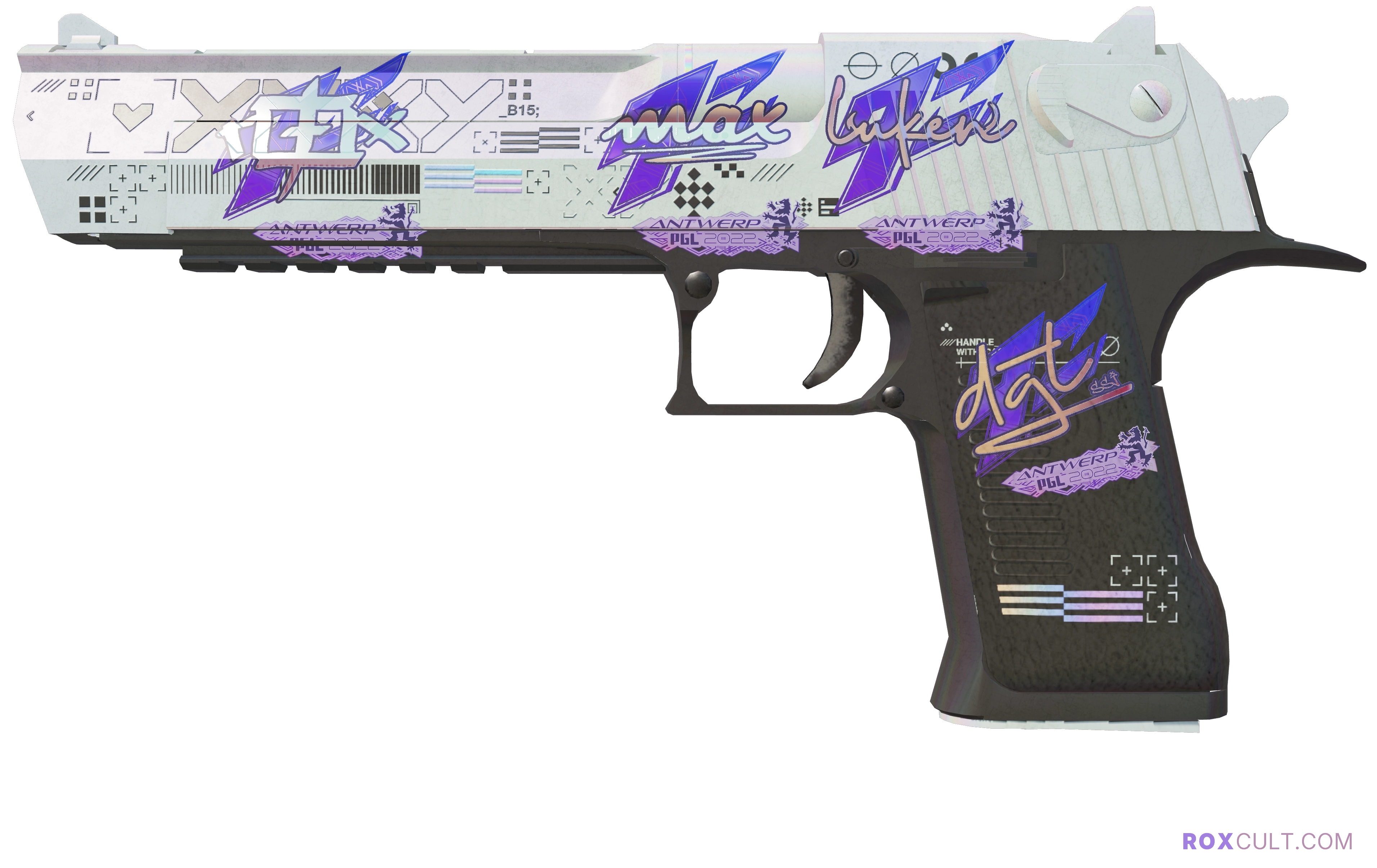 Desert Eagle | Printstream (Field-Tested) — rox (Holo) Antwerp 2022 craft, playside view with 1 rox (Holo) sticker