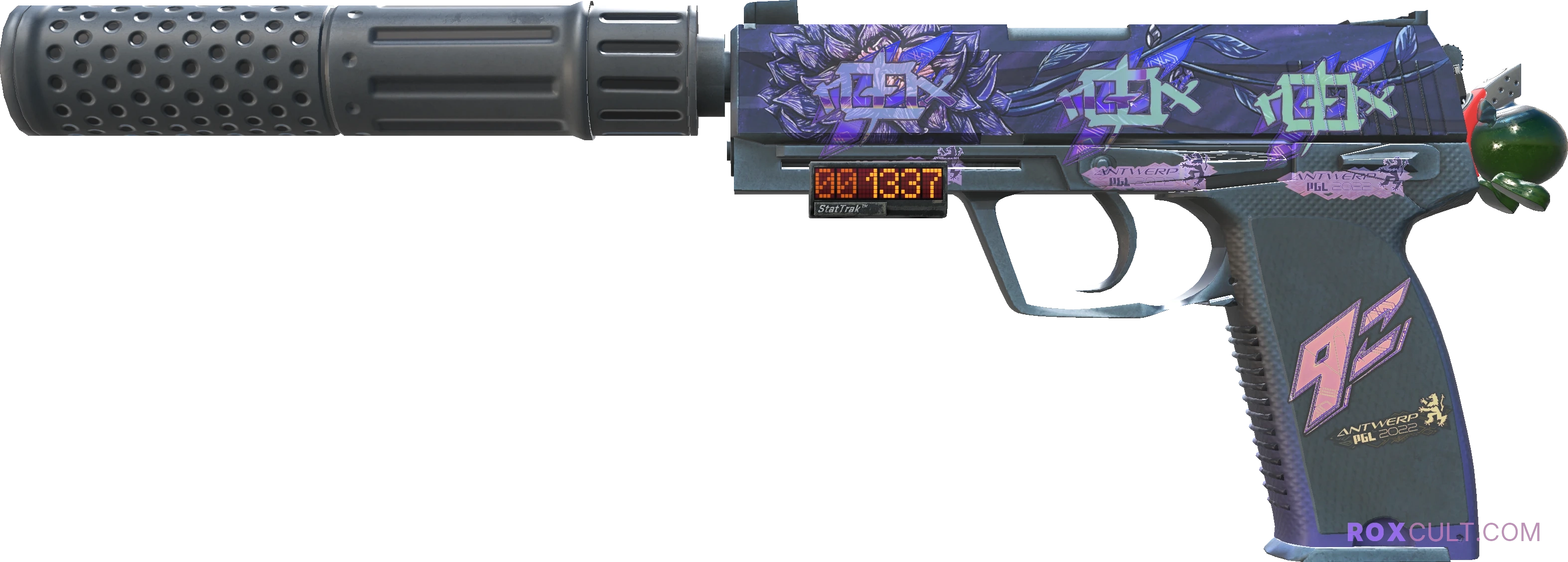 StatTrak™ USP-S | Black Lotus (Factory New) — rox (Holo) Antwerp 2022 craft, playside view with 3 rox (Holo) stickers