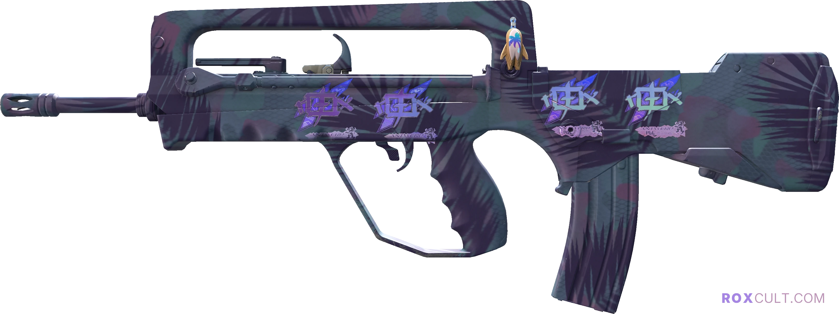 FAMAS | Sundown (Factory New) — rox (Holo) Antwerp 2022 craft, playside view with 4 rox (Holo) stickers
