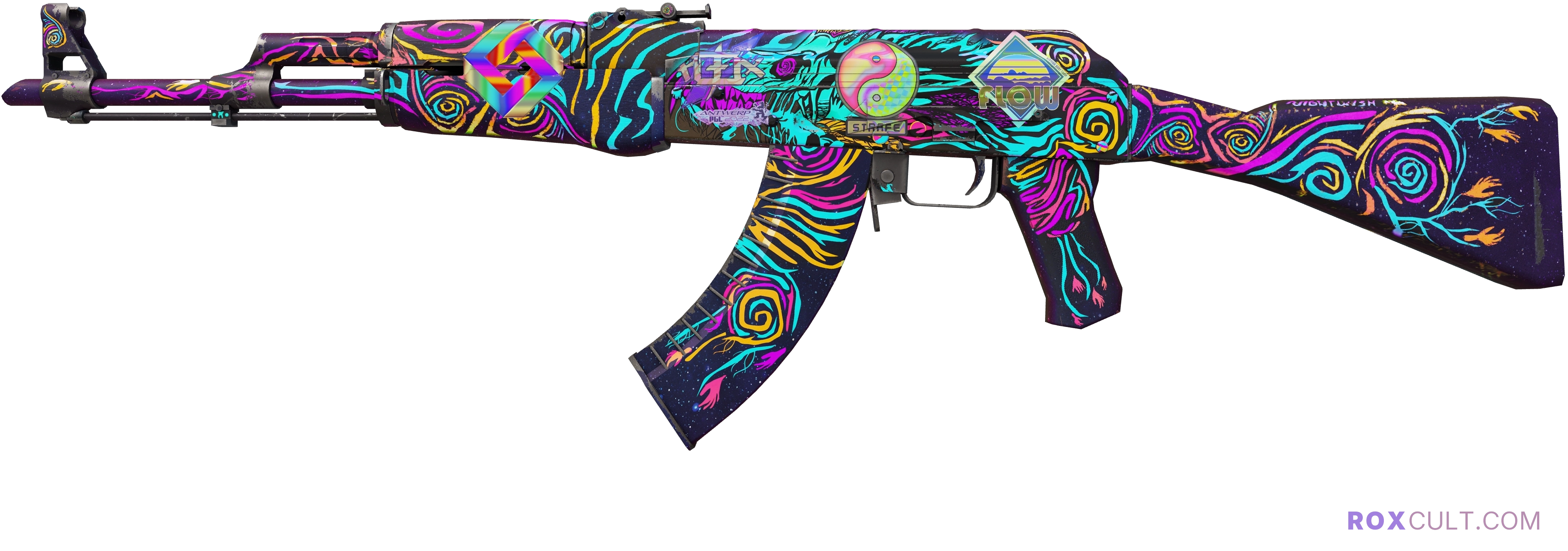 AK-47 | Nightwish (Field-Tested) — rox (Holo) Antwerp 2022 craft, playside view with 1 rox (Holo) sticker