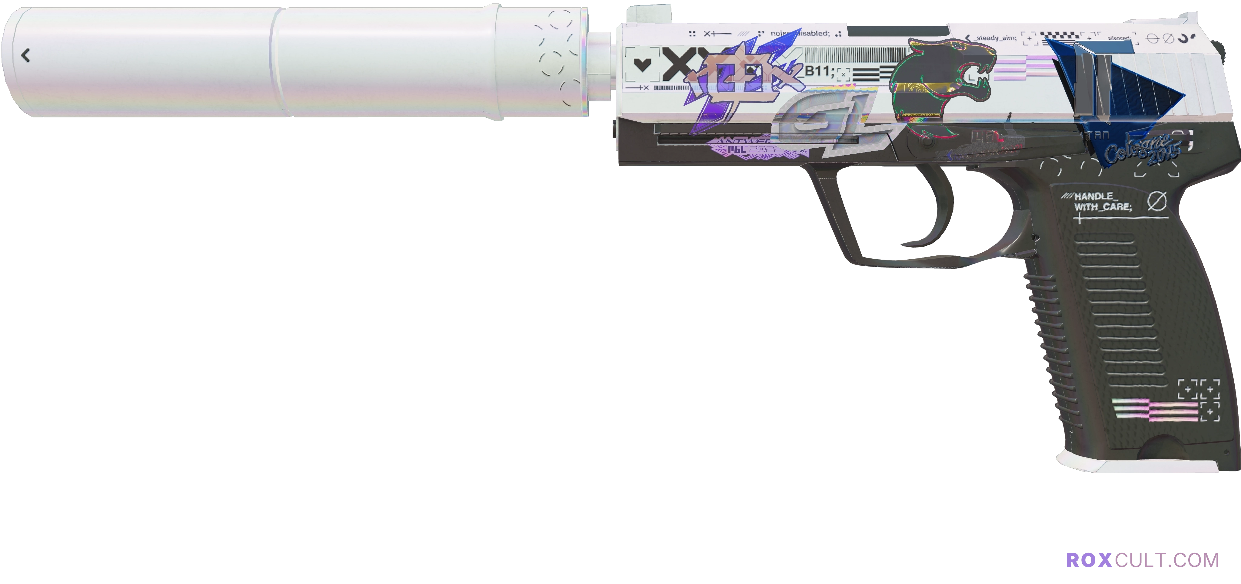 USP-S | Printstream (Minimal Wear) — rox (Holo) Antwerp 2022 craft, playside view with 1 rox (Holo) sticker