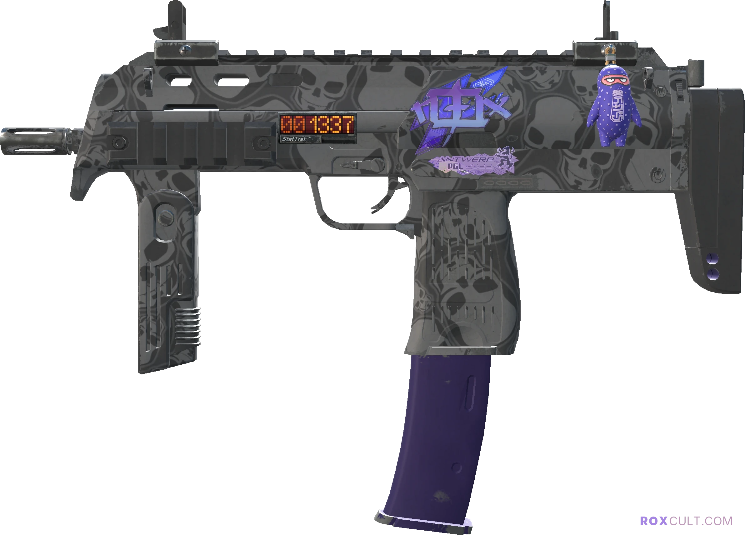 StatTrak™ MP7 | Skulls (Minimal Wear) — rox (Holo) Antwerp 2022 craft, playside view with 1 rox (Holo) sticker