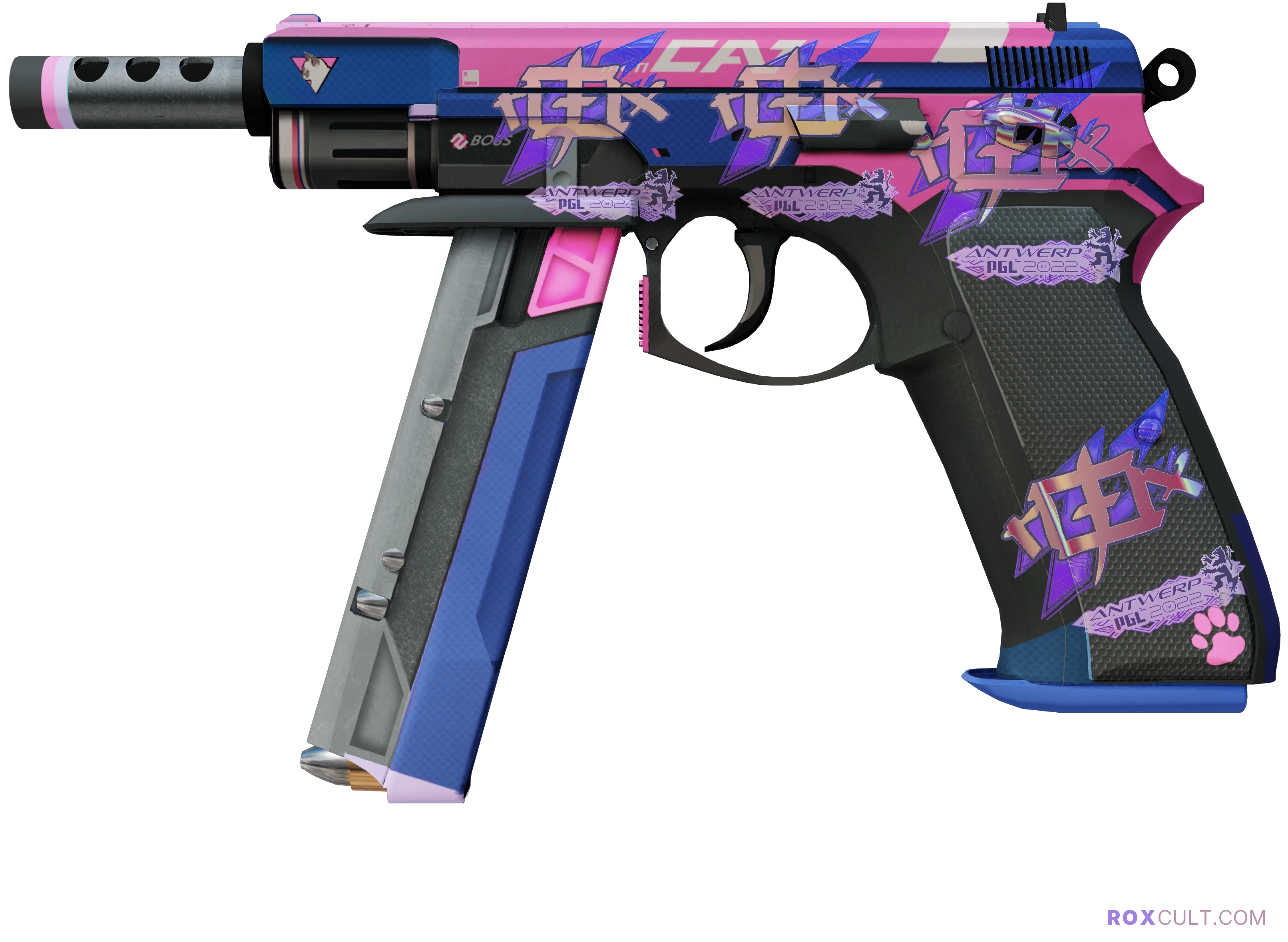 CZ75-Auto | Tacticat (Factory New) — rox (Holo) Antwerp 2022 craft, playside view with 4 rox (Holo) stickers