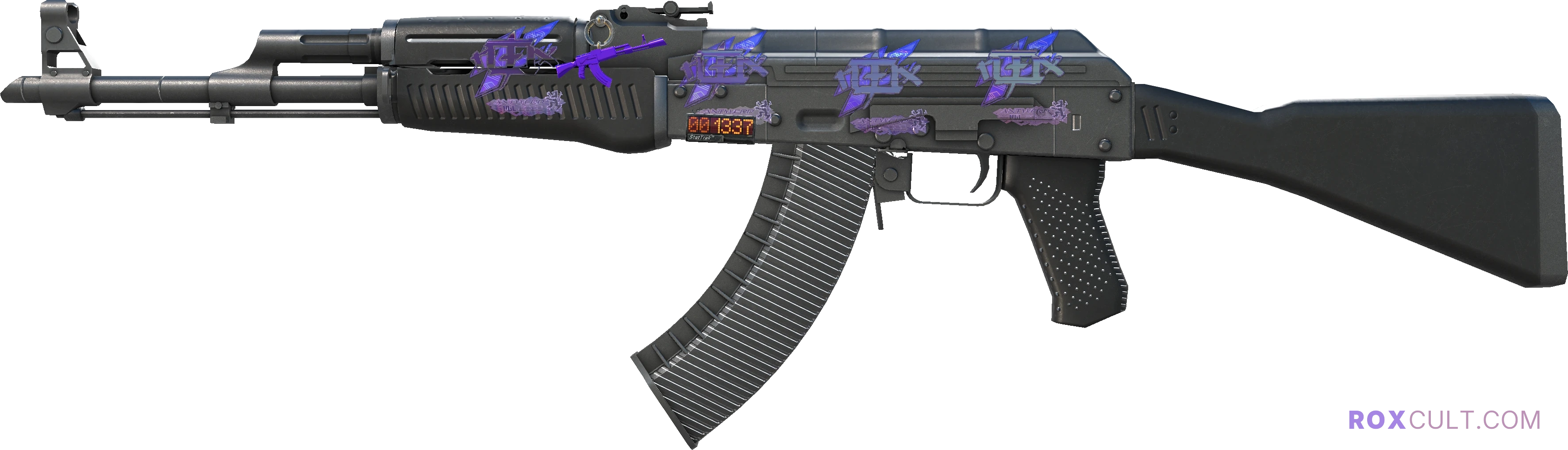 StatTrak™ AK-47 | Slate (Minimal Wear) — rox (Holo) Antwerp 2022 craft, playside view with 4 rox (Holo) stickers