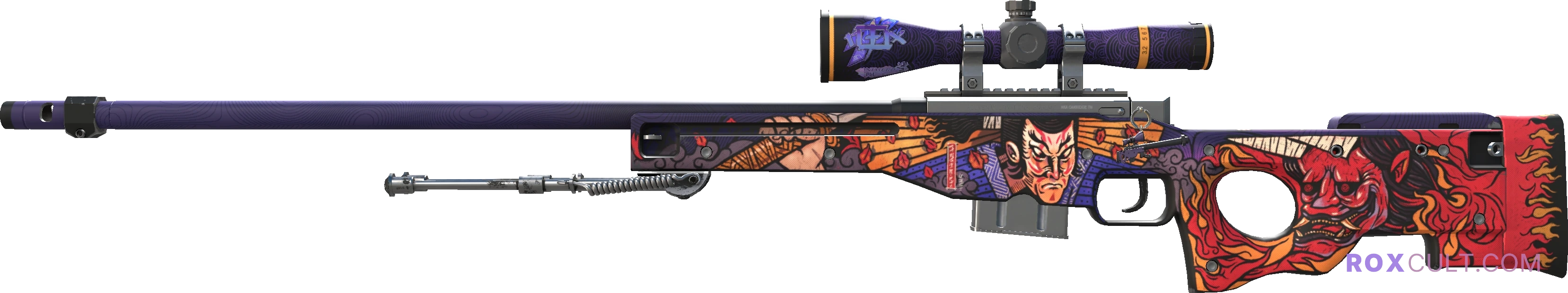 AWP | Oni Taiji (Factory New) — rox (Holo) Antwerp 2022 craft, playside view with 1 rox (Holo) sticker