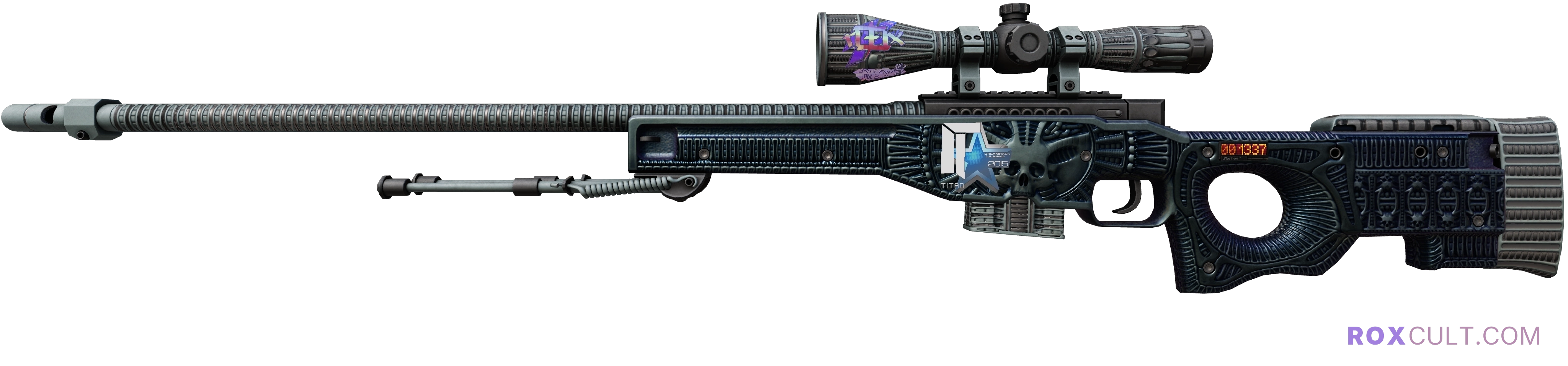 StatTrak™ AWP | Exoskeleton (Field-Tested) — rox (Holo) Antwerp 2022 craft, playside view with 1 rox (Holo) sticker