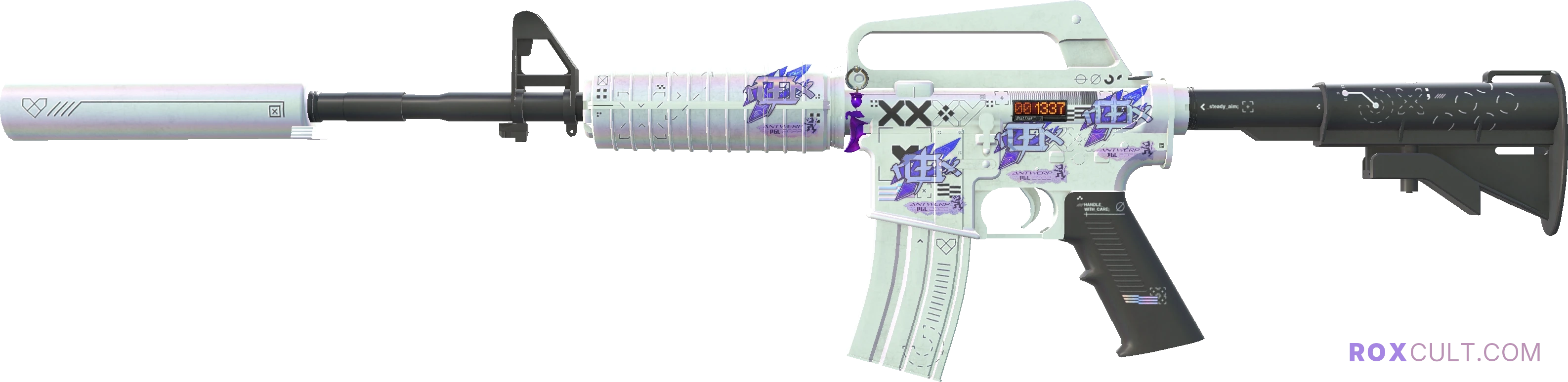 StatTrak™ M4A1-S | Printstream (Factory New) — rox (Holo) Antwerp 2022 craft, playside view with 4 rox (Holo) stickers