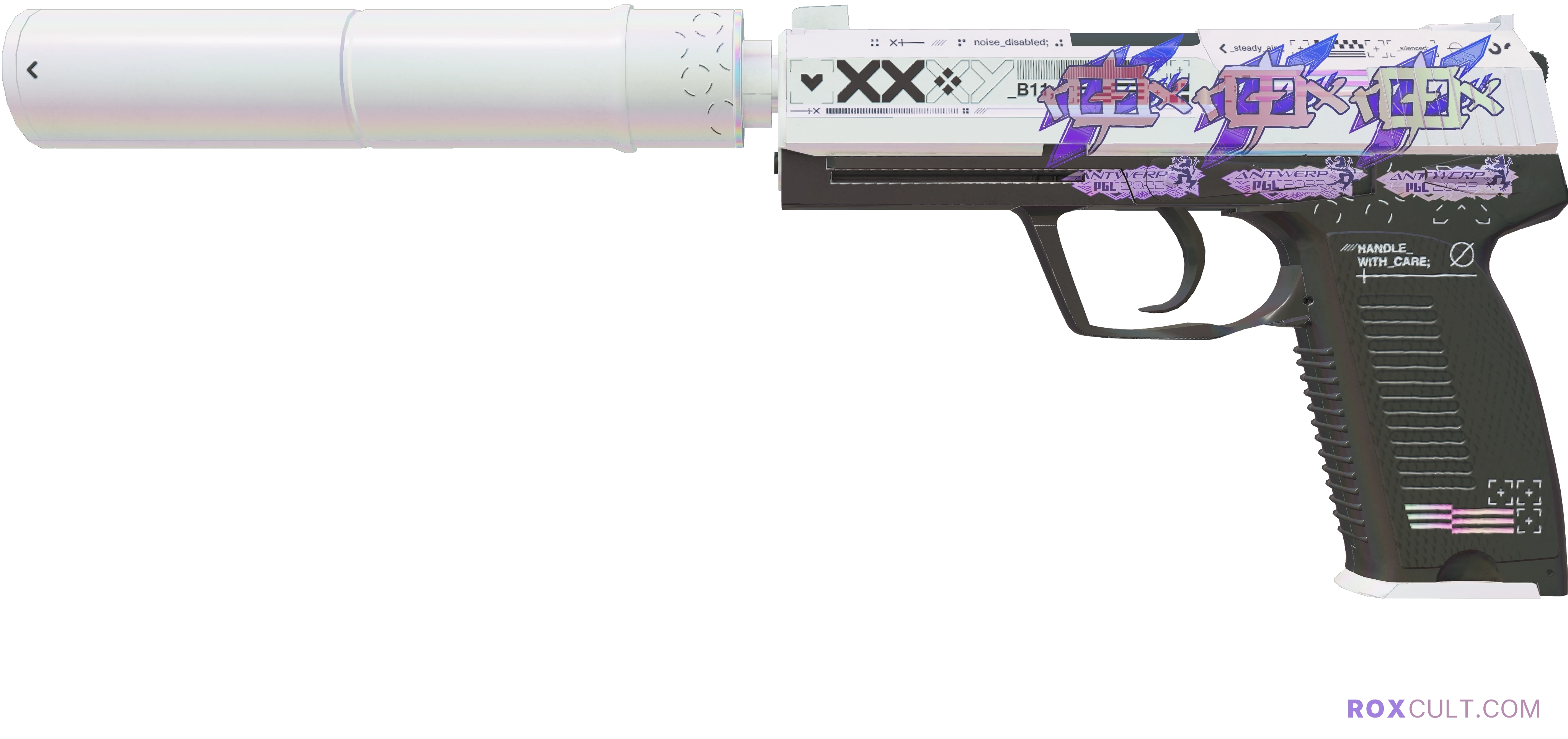 USP-S | Printstream (Factory New) — rox (Holo) Antwerp 2022 craft, playside view with 3 rox (Holo) stickers