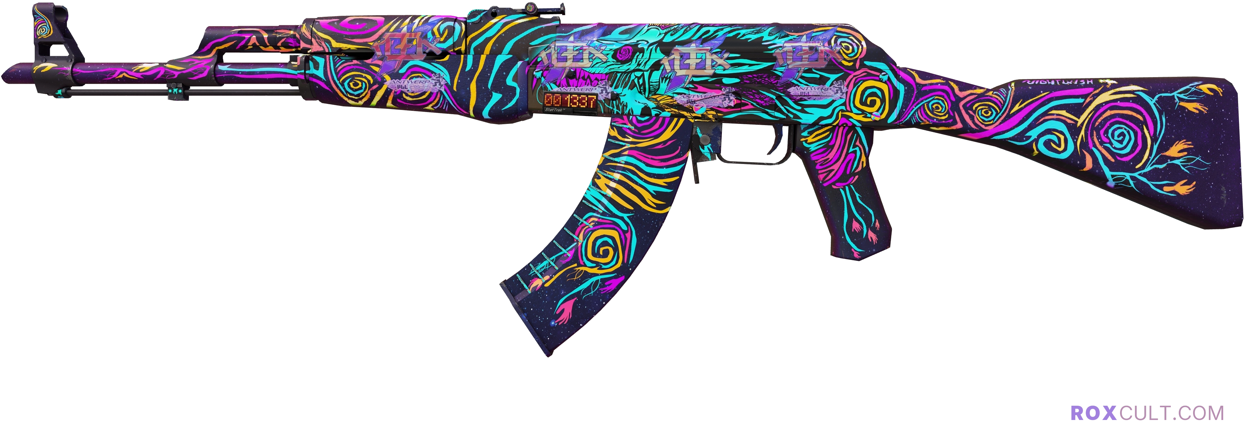 StatTrak™ AK-47 | Nightwish (Factory New) — rox (Holo) Antwerp 2022 craft, playside view with 4 rox (Holo) stickers