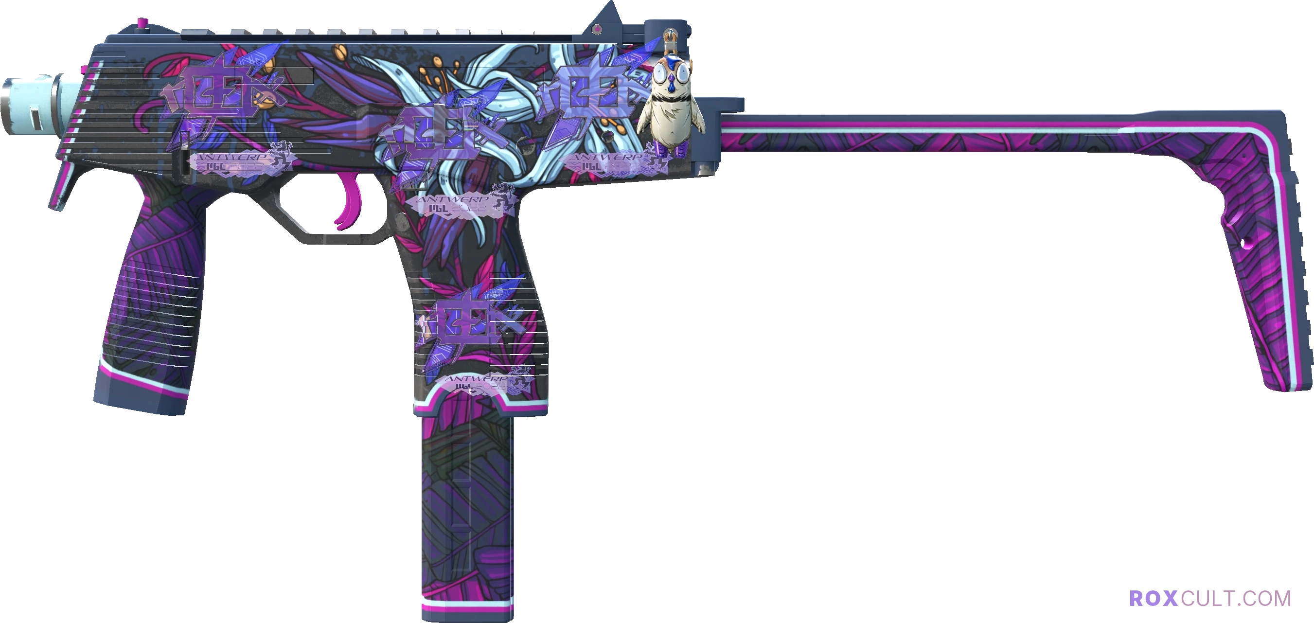 MP9 | Wild Lily (Minimal Wear) — rox (Holo) Antwerp 2022 craft, playside view with 4 rox (Holo) stickers