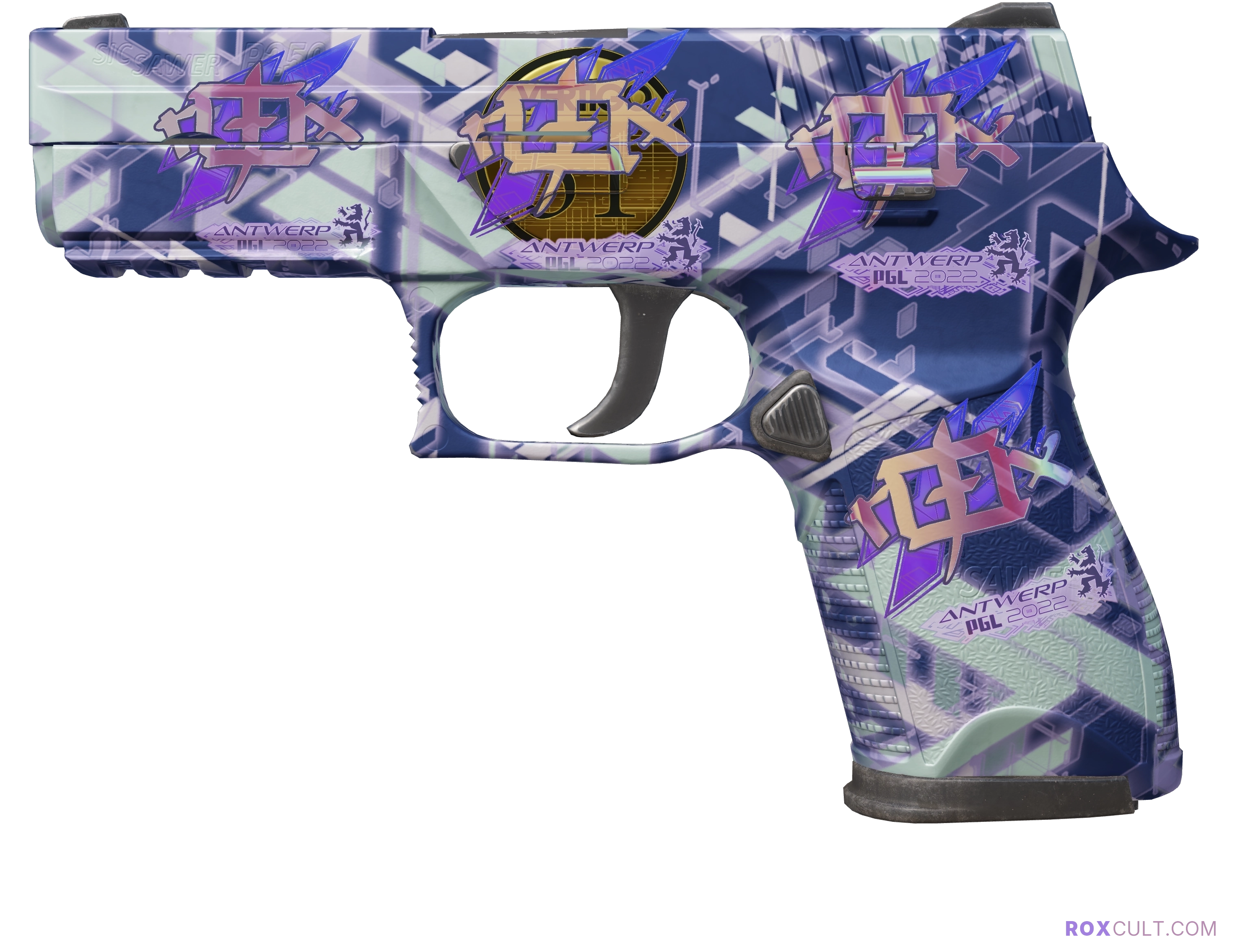 Souvenir P250 | Digital Architect (Factory New) — rox (Holo) Antwerp 2022 craft, playside view with 4 rox (Holo) stickers
