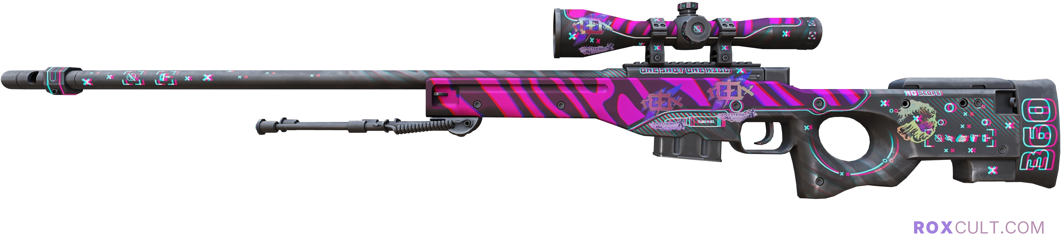 AWP | Chromatic Aberration (Factory New) — rox (Holo) Antwerp 2022 craft, playside view with 3 rox (Holo) stickers