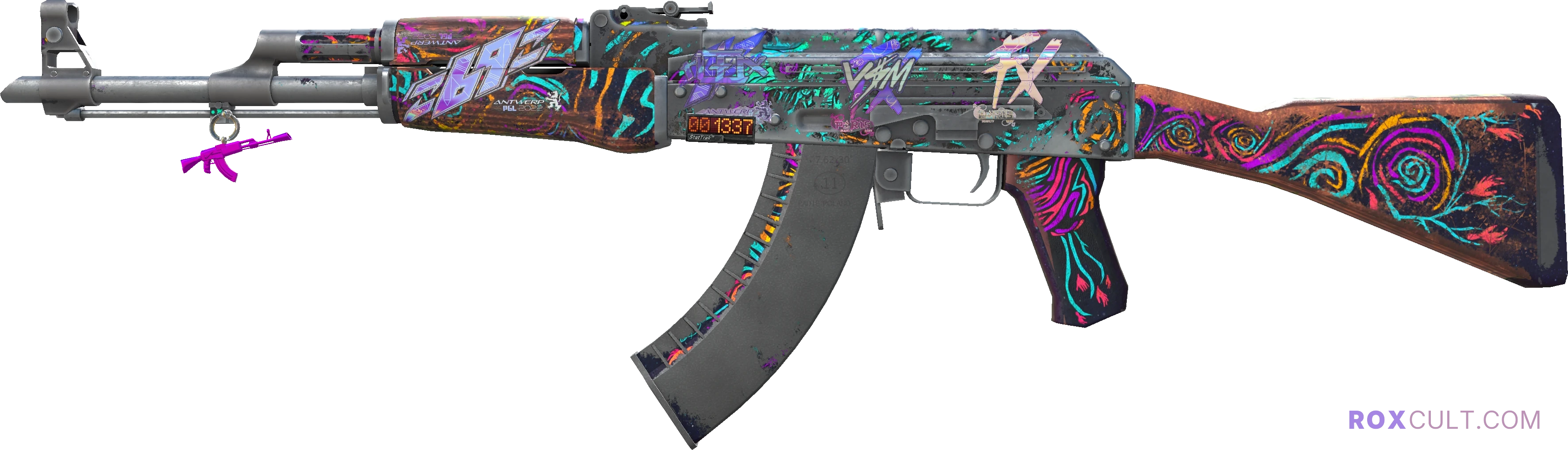 StatTrak™ AK-47 | Nightwish (Battle-Scarred) — rox (Holo) Antwerp 2022 craft, playside view with 1 rox (Holo) sticker