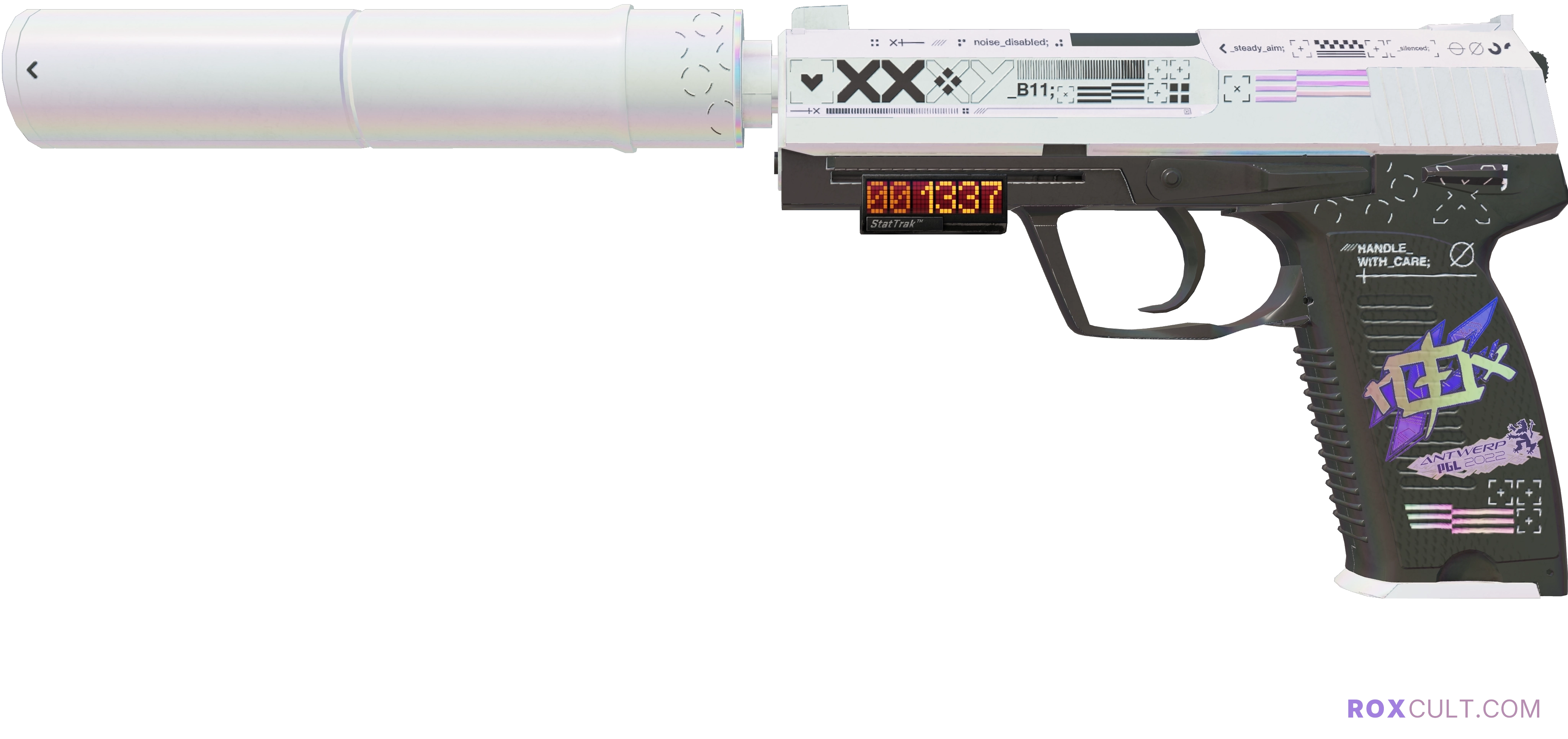 StatTrak™ USP-S | Printstream (Minimal Wear) — rox (Holo) Antwerp 2022 craft, playside view with 1 rox (Holo) sticker