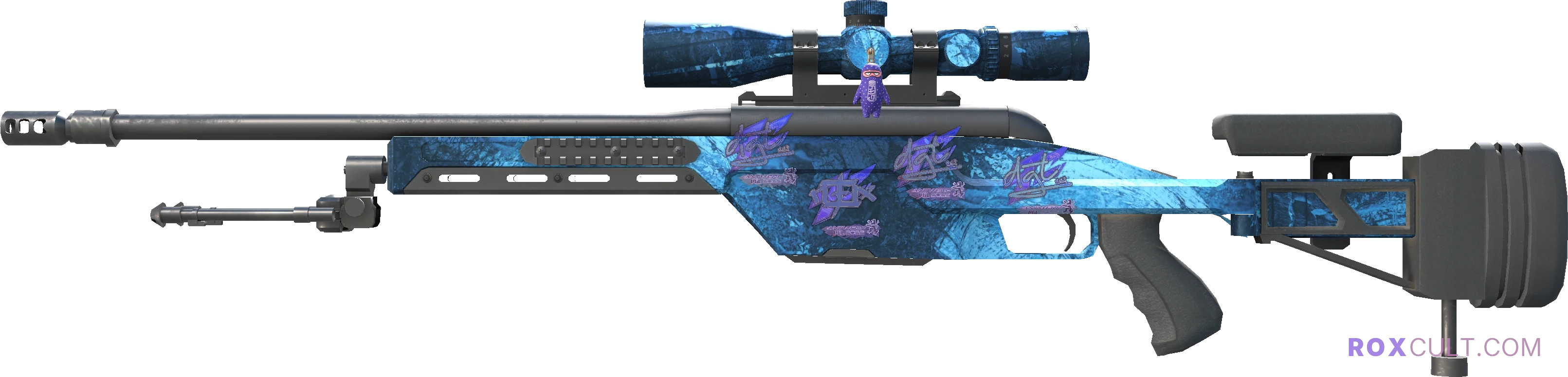 SSG 08 | Abyss (Factory New) — rox (Holo) Antwerp 2022 craft, playside view with 1 rox (Holo) sticker