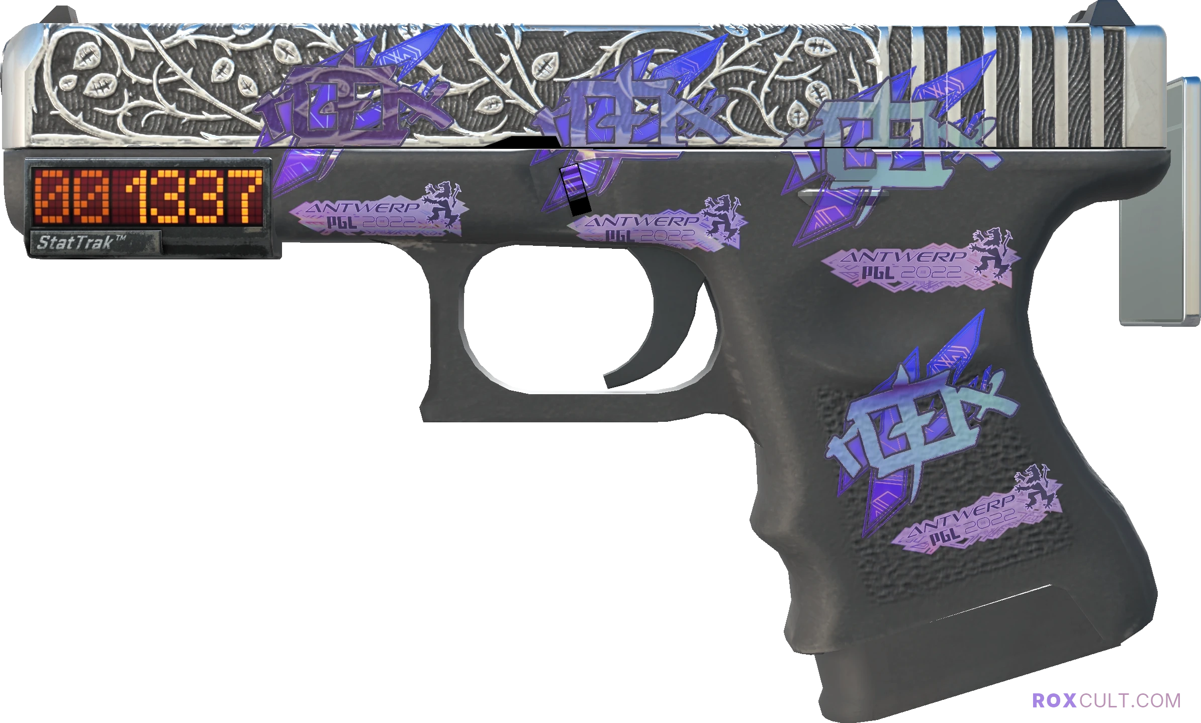 StatTrak™ Glock-18 | Ironwork (Factory New) — rox (Holo) Antwerp 2022 craft, playside view with 4 rox (Holo) stickers