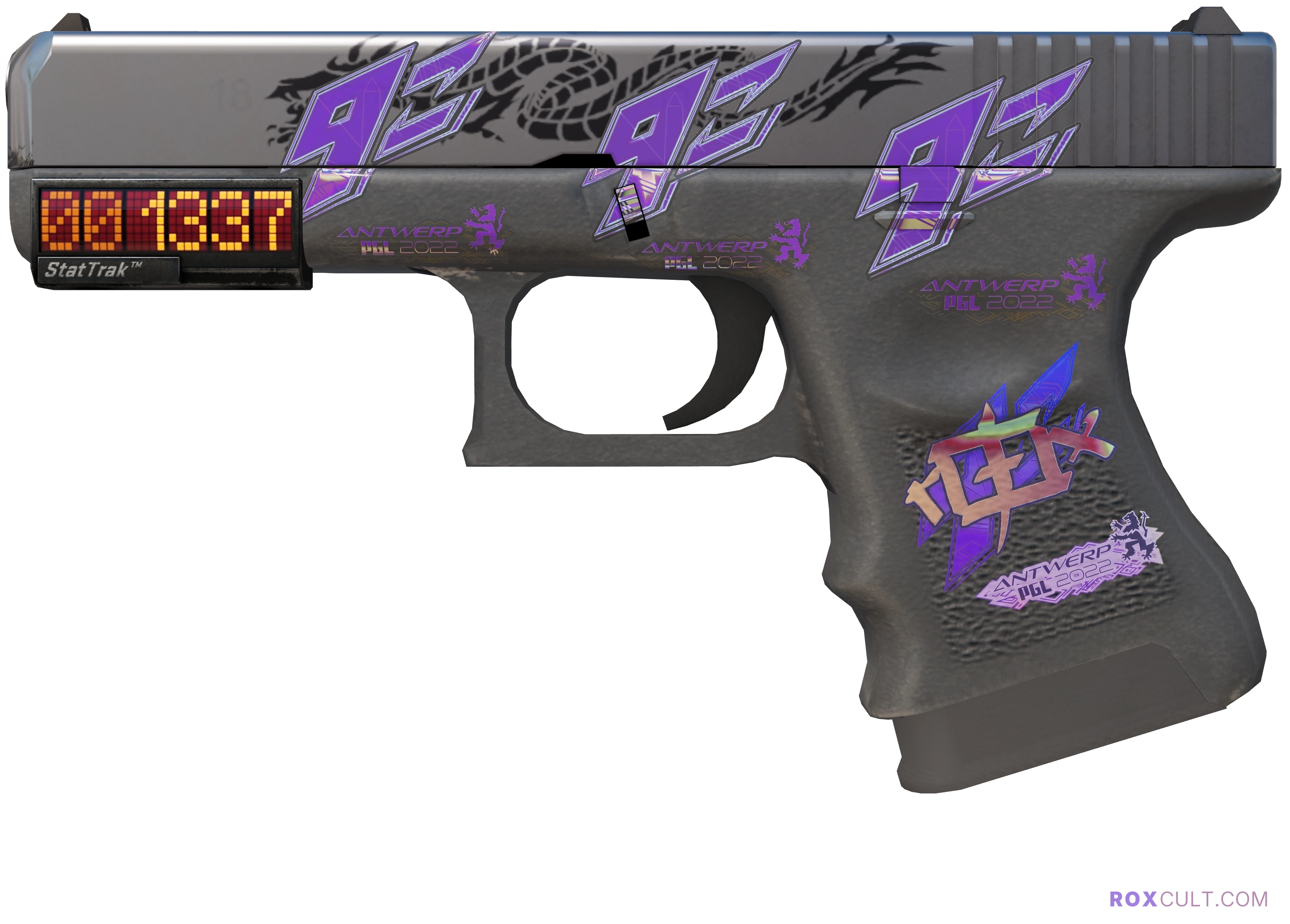 StatTrak™ Glock-18 | Dragon Tattoo (Factory New) — rox (Holo) Antwerp 2022 craft, playside view with 1 rox (Holo) sticker