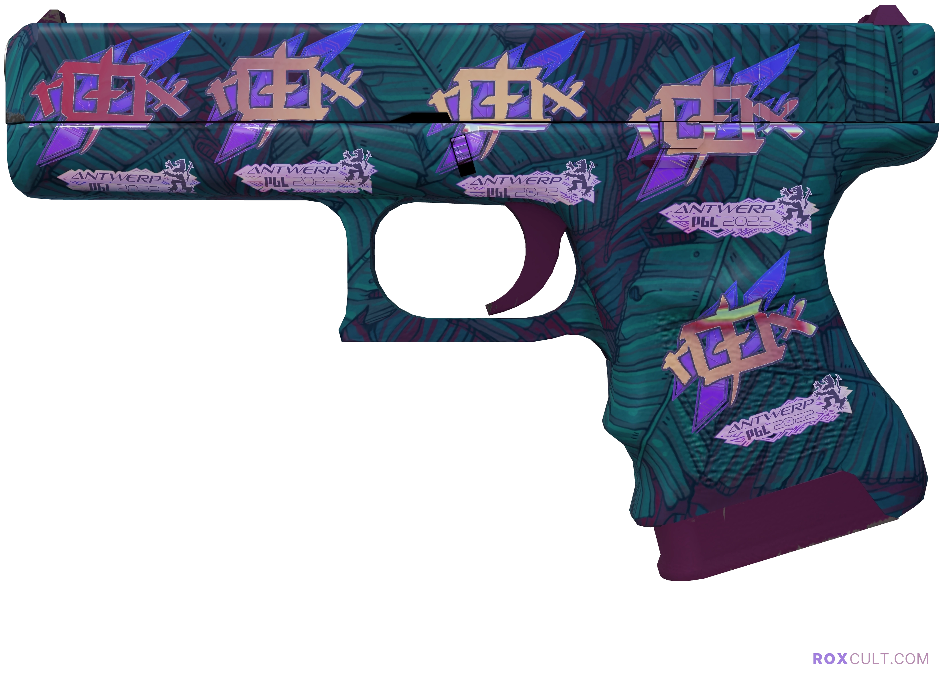 Glock-18 | Synth Leaf (Factory New) — rox (Holo) Antwerp 2022 craft, playside view with 5 rox (Holo) stickers