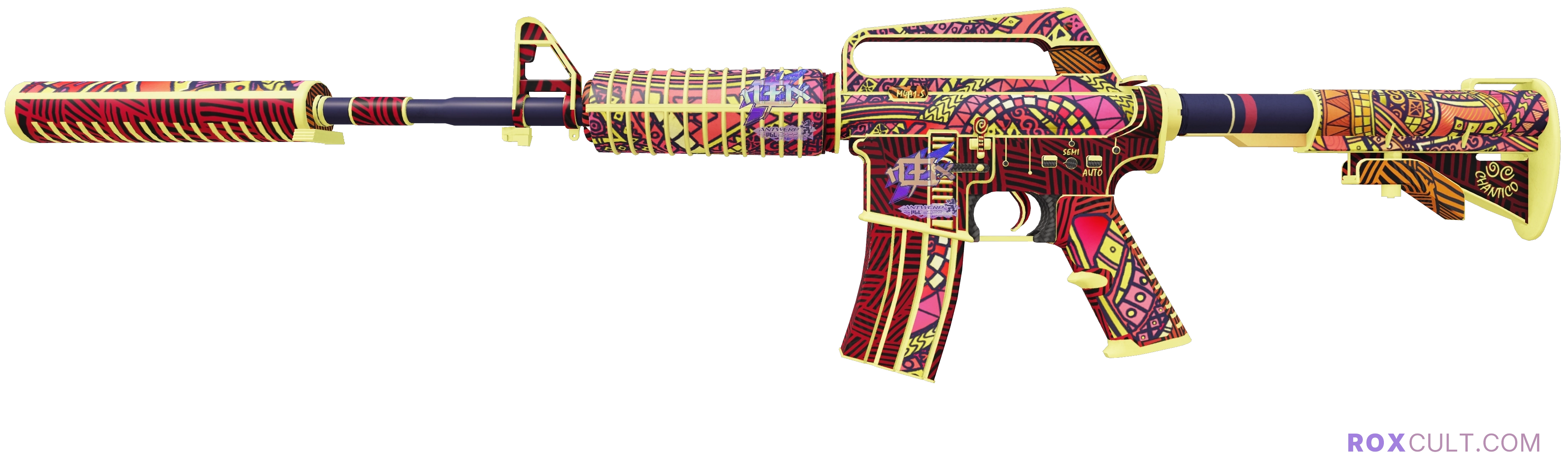 M4A1-S | Chantico's Fire (Minimal Wear) — rox (Holo) Antwerp 2022 craft, playside view with 2 rox (Holo) stickers
