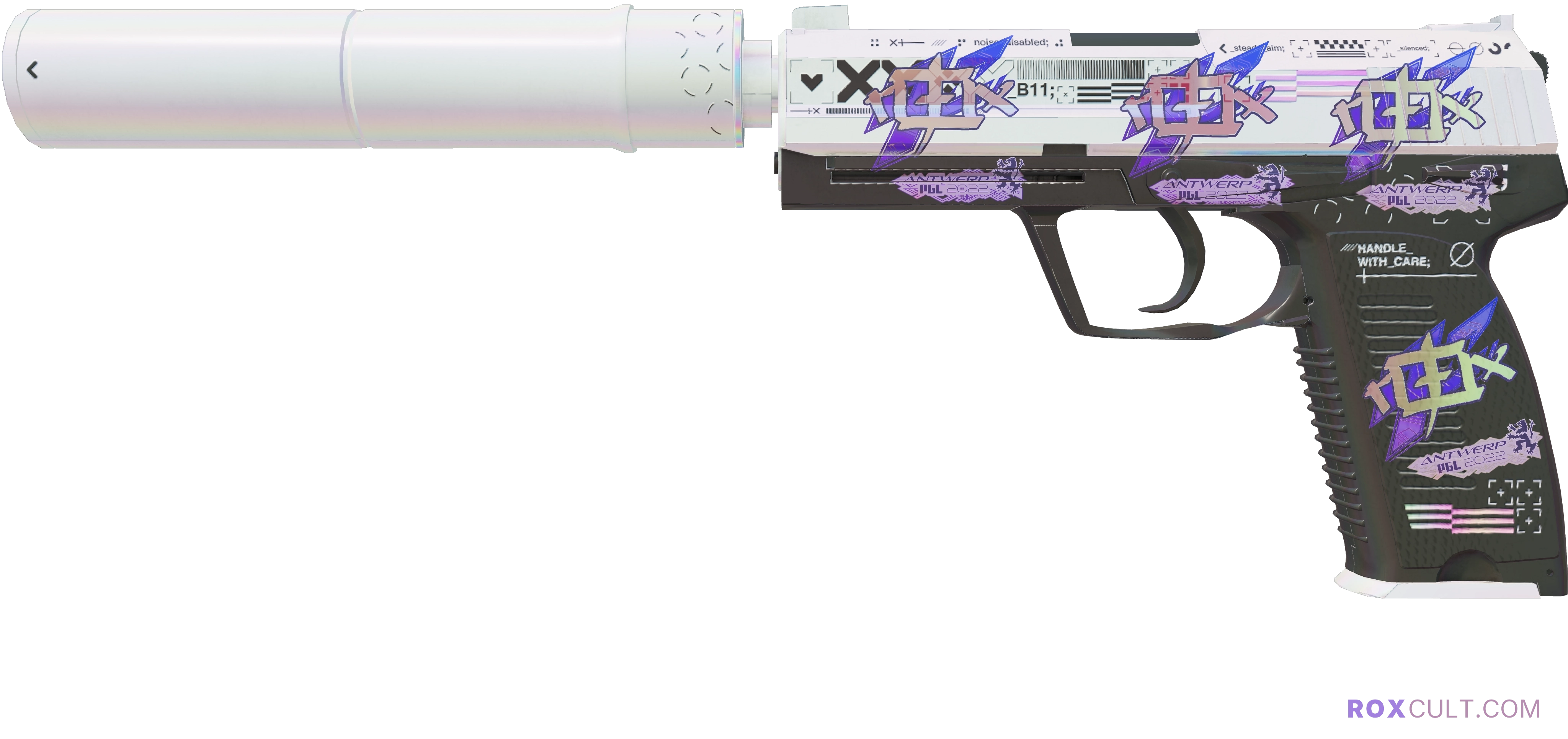 USP-S | Printstream (Factory New) — rox (Holo) Antwerp 2022 craft, playside view with 4 rox (Holo) stickers
