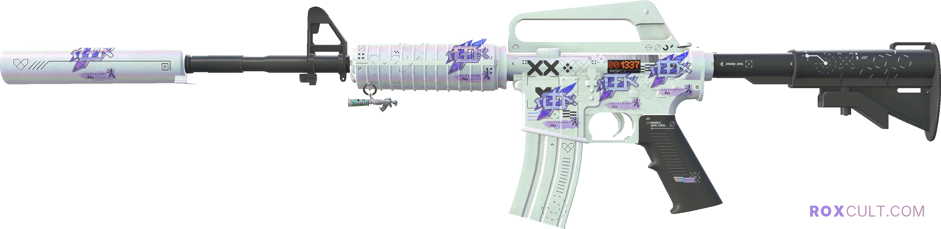 StatTrak™ M4A1-S | Printstream (Factory New) — rox (Holo) Antwerp 2022 craft, playside view with 5 rox (Holo) stickers