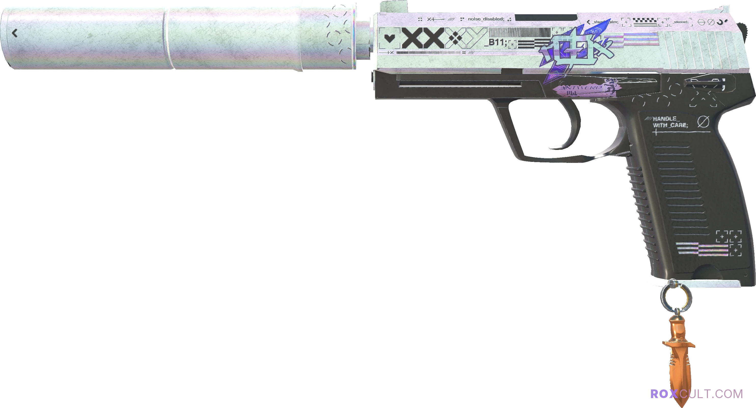 USP-S | Printstream (Battle-Scarred) — rox (Holo) Antwerp 2022 craft, playside view with 1 rox (Holo) sticker