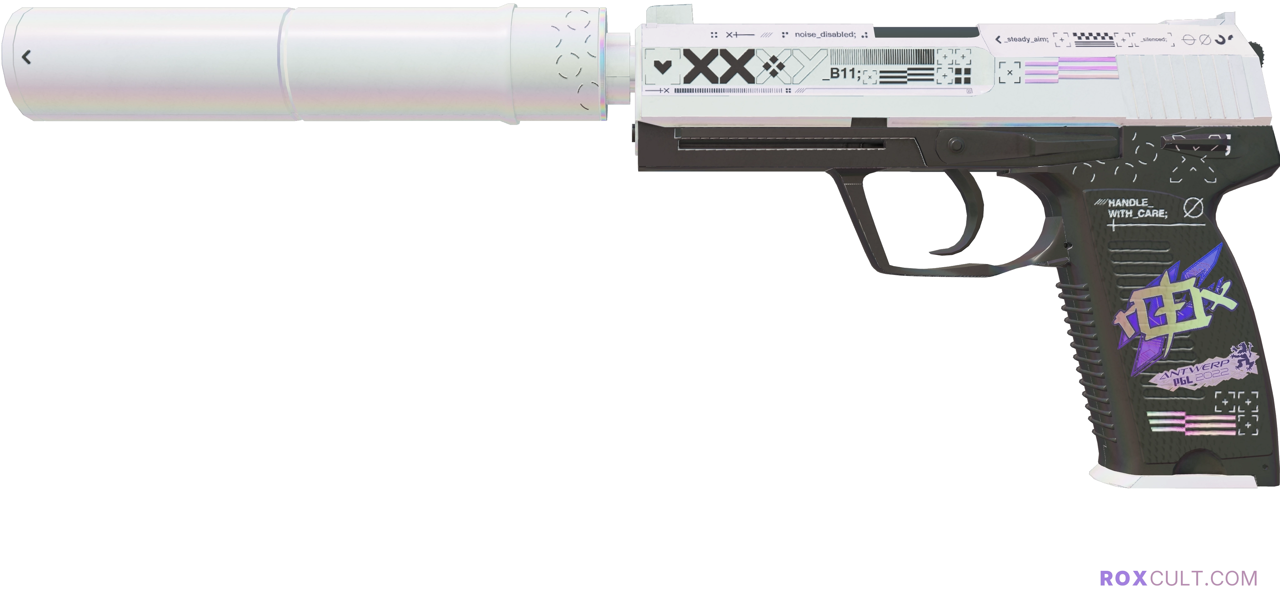 USP-S | Printstream (Factory New) — rox (Holo) Antwerp 2022 craft, playside view with 1 rox (Holo) sticker
