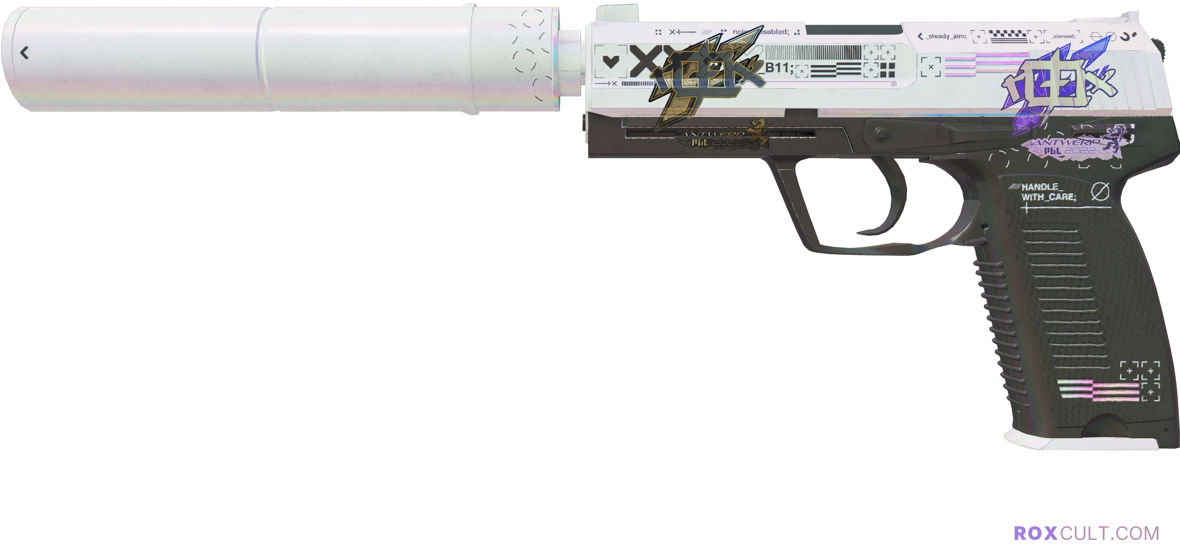 USP-S | Printstream (Field-Tested) — rox (Holo) Antwerp 2022 craft, playside view with 1 rox (Holo) sticker
