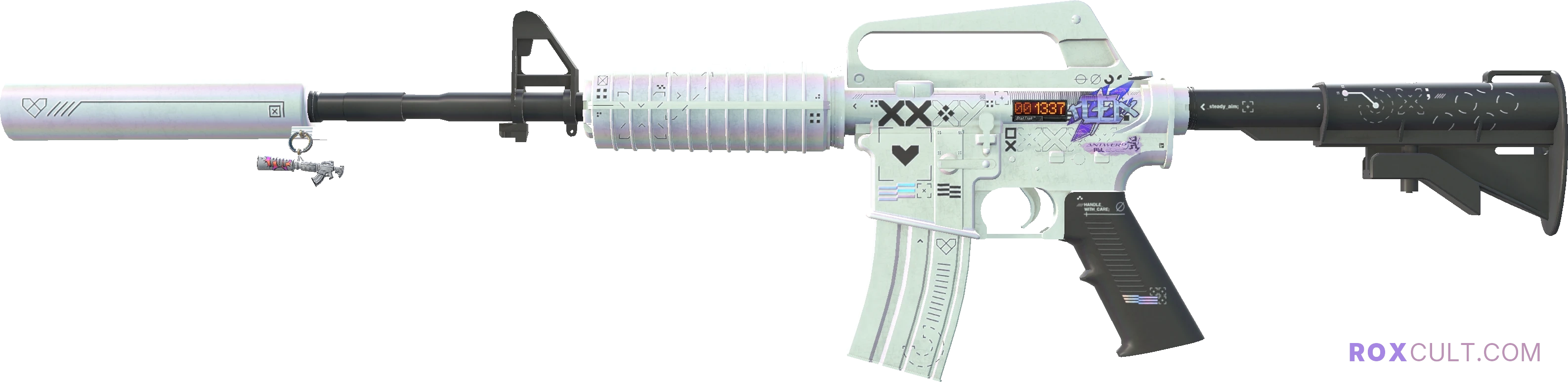 StatTrak™ M4A1-S | Printstream (Factory New) — rox (Holo) Antwerp 2022 craft, playside view with 1 rox (Holo) sticker